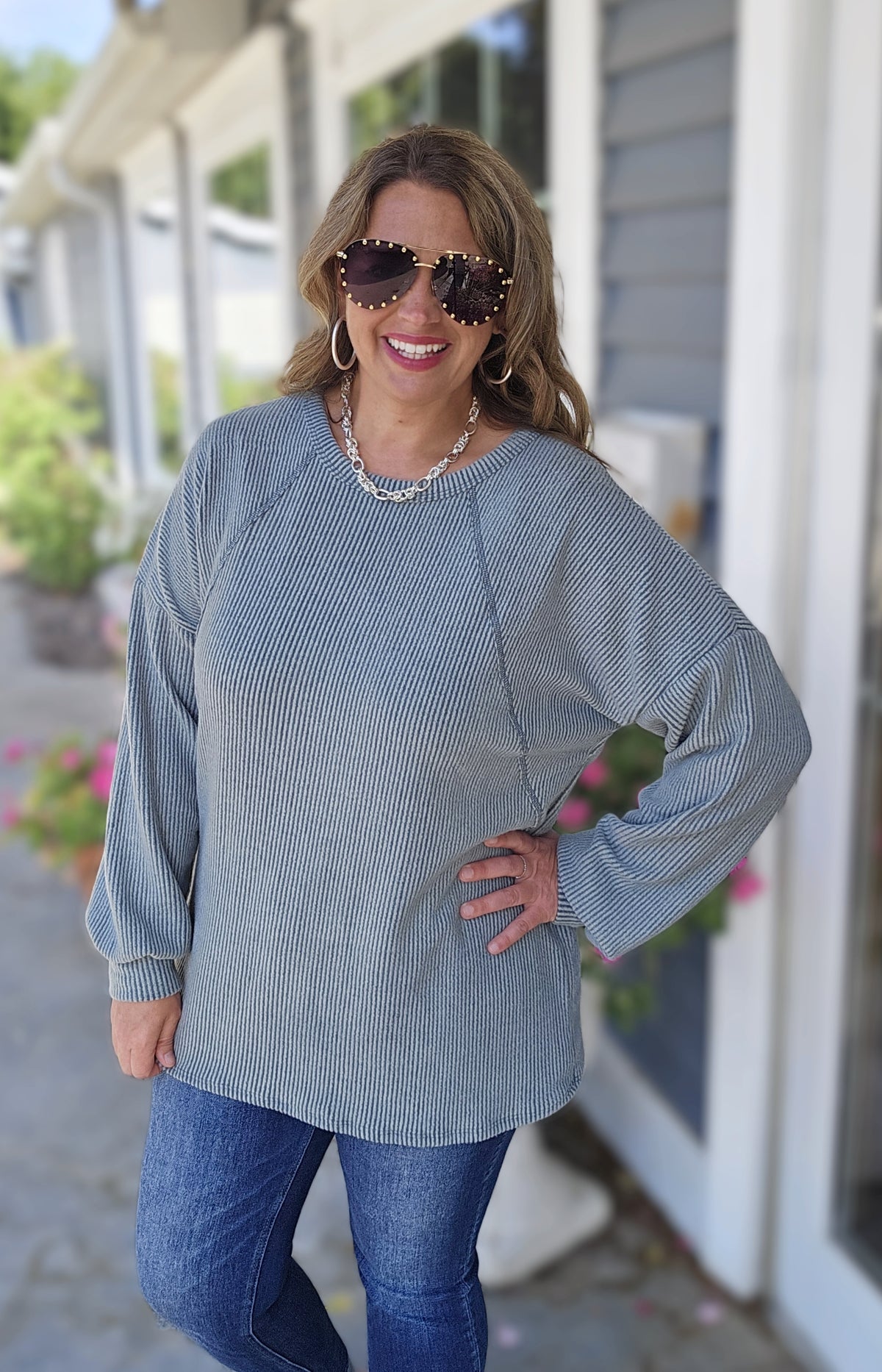 OLIVE BRUSHED RIBBED KNIT LONG SLEEVE TOP
