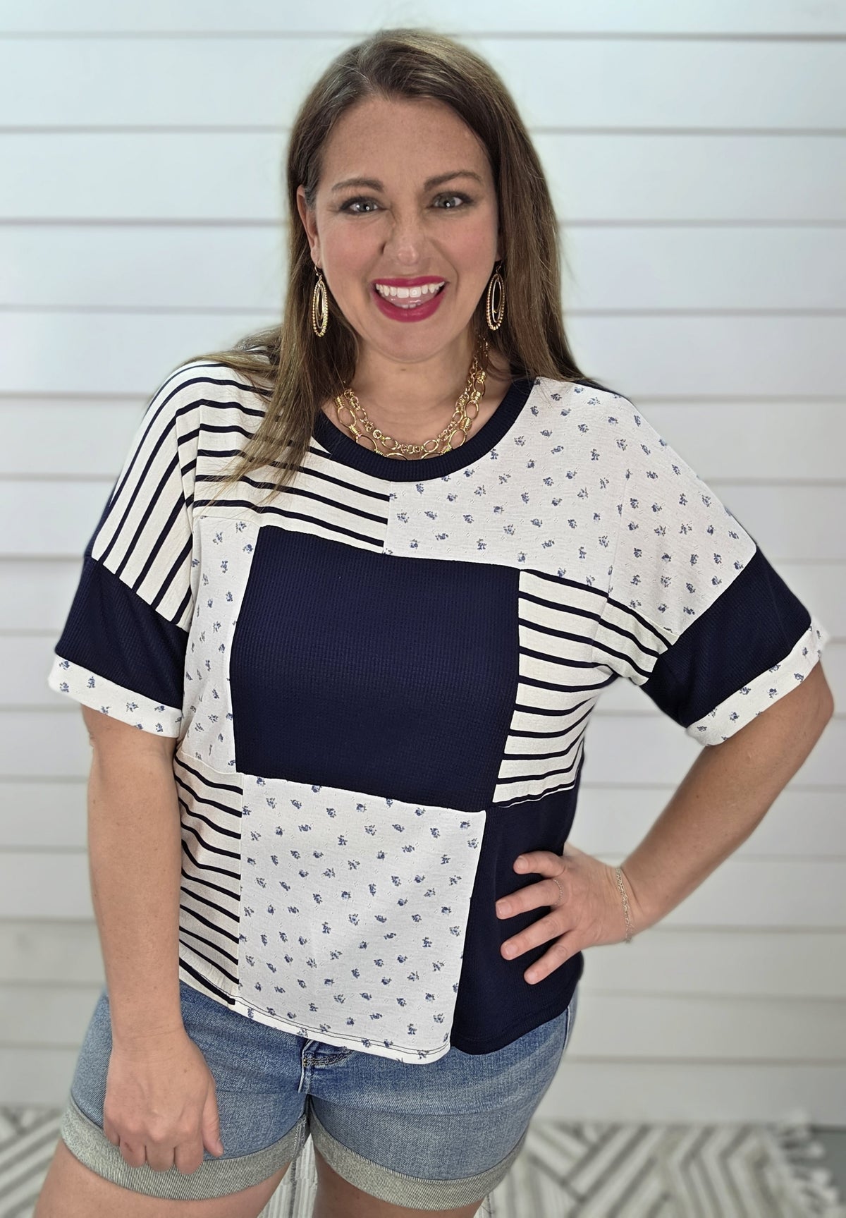 NAVY/WHITE PATCHWORK KNIT TOP