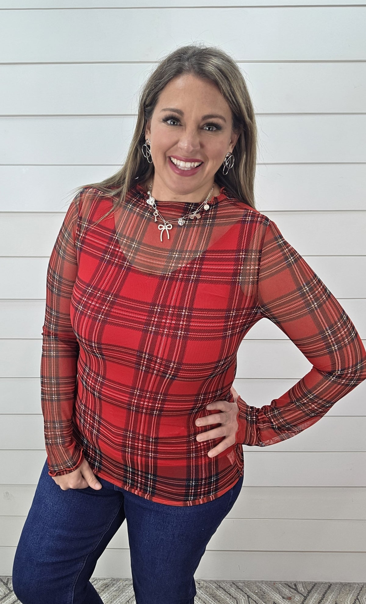 RED PLAID MESH TOP