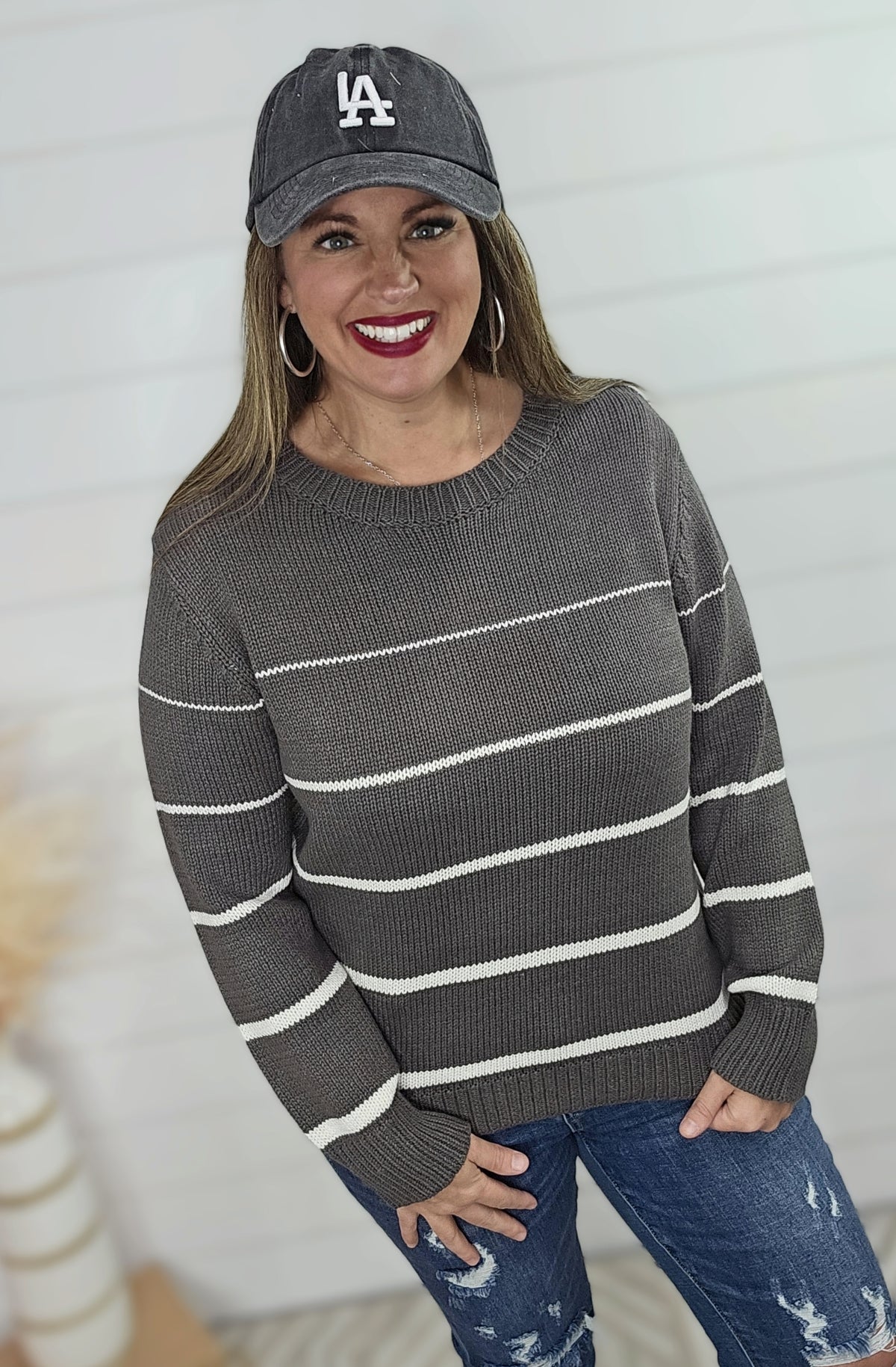 CHARCOAL PINSTRIPE COTTON BLEND SWEATER