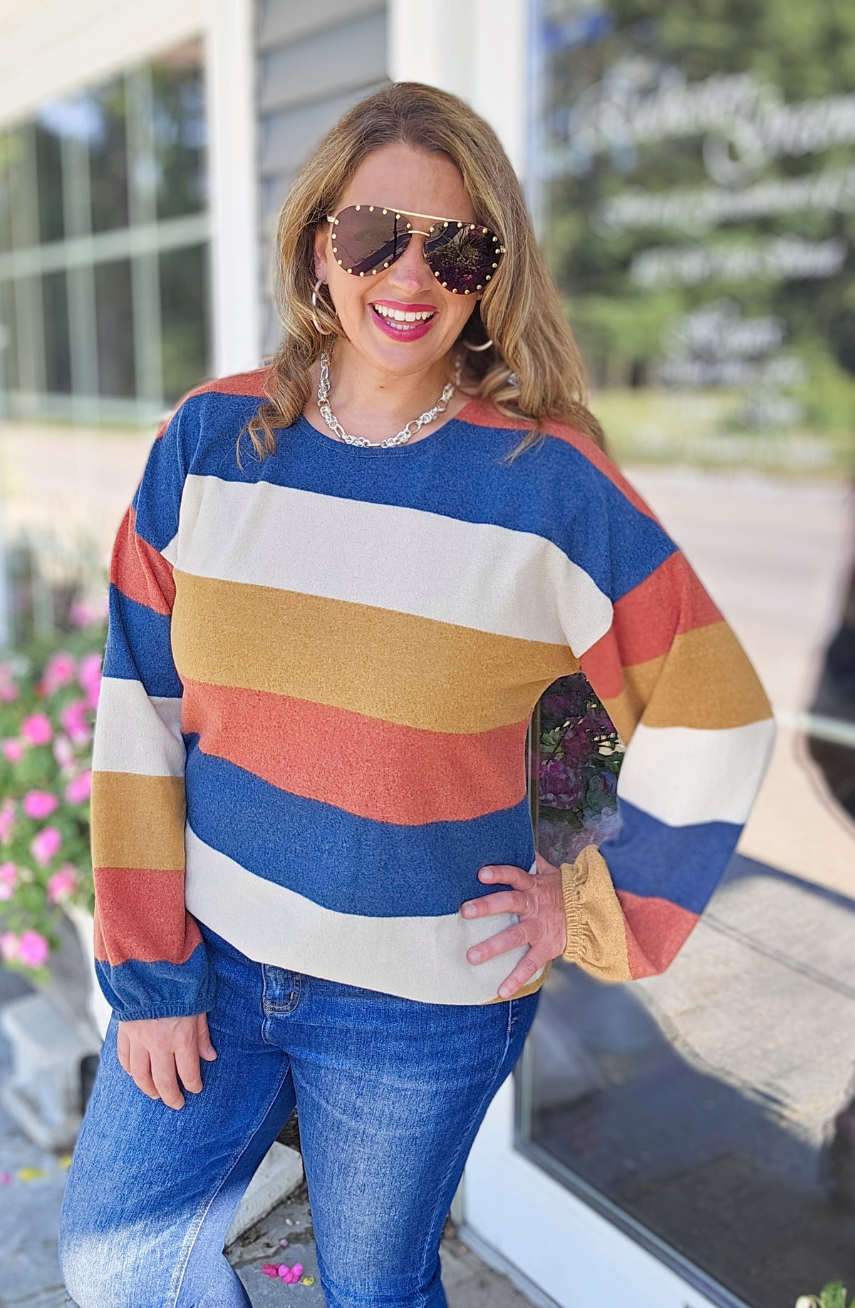 MULTI COLOR WIDE STRIPED BRUSHED KNIT CREW NECK