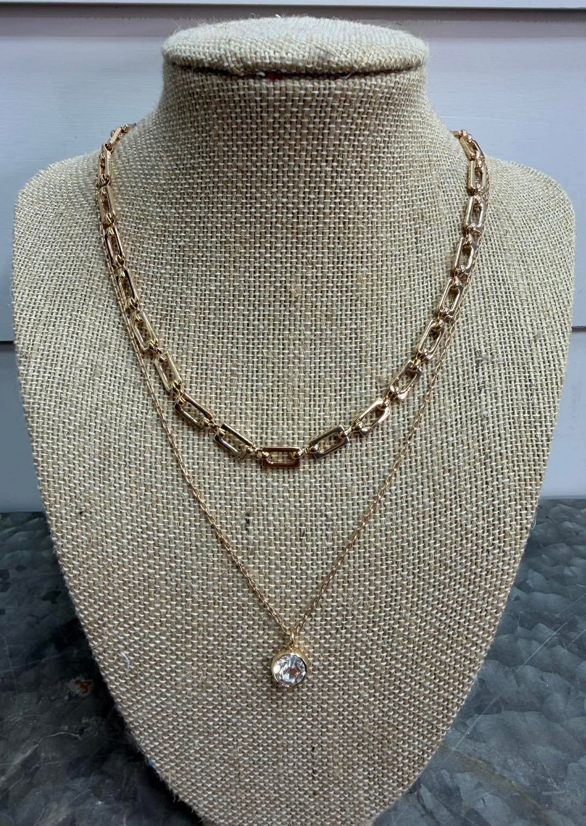 WATER RESISTANT DOUBLE LAYERED GOLD CHAIN W/ RHINESTONE CIRCLE