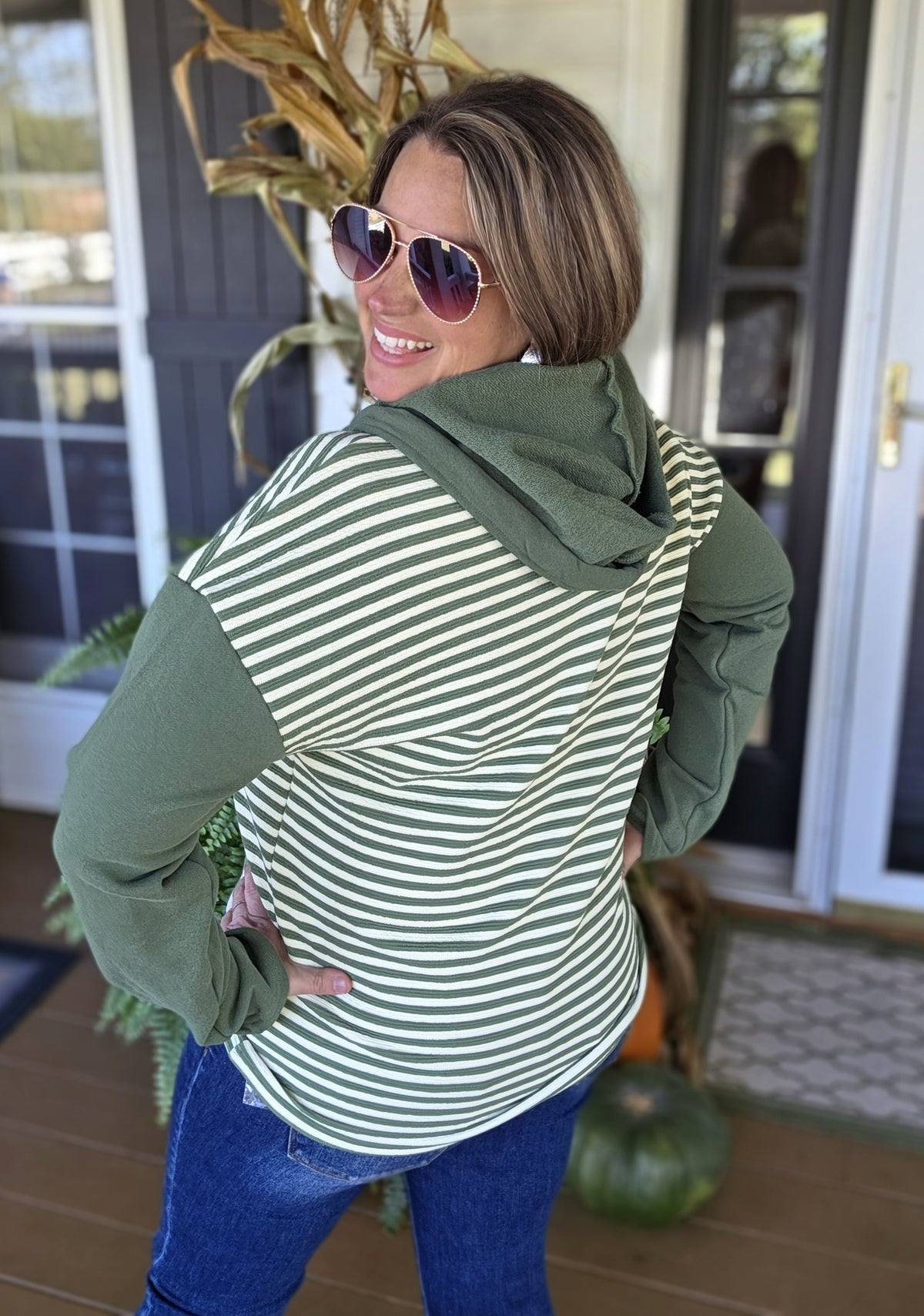 OLIVE STRIPED CONTRAST BUTTON KNIT HOODIE