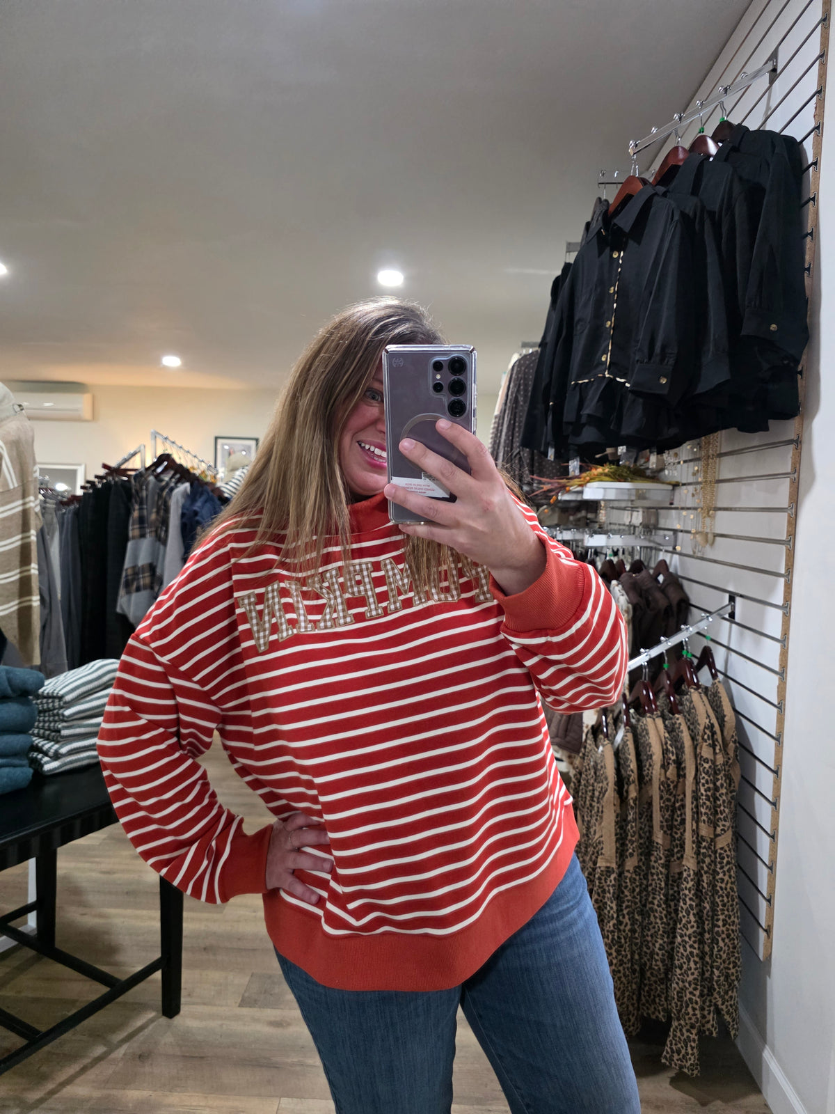 RUST PUMPKIN EMBROIDERED STRIPED With Ribbed Cuffs And Hemline Stripe