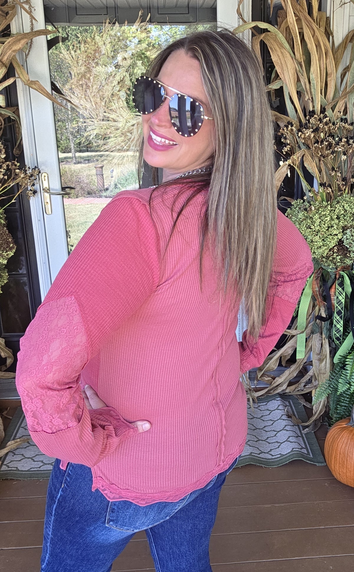 POL WAFFLE TEXTURE/LACE TRIM FITTED TOP