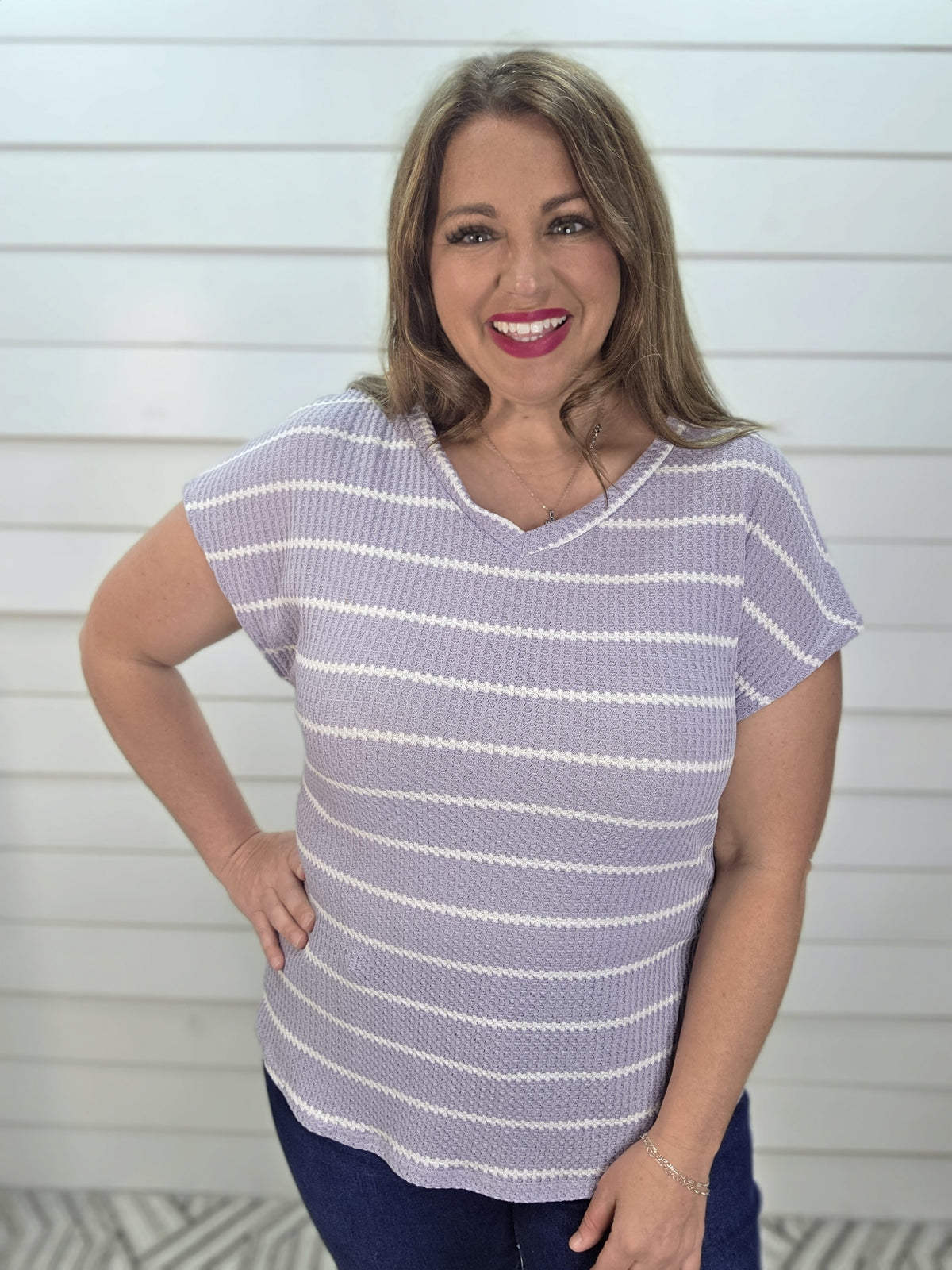 LAVENDER STRIPED WAFFLE KNIT V NECK TOP