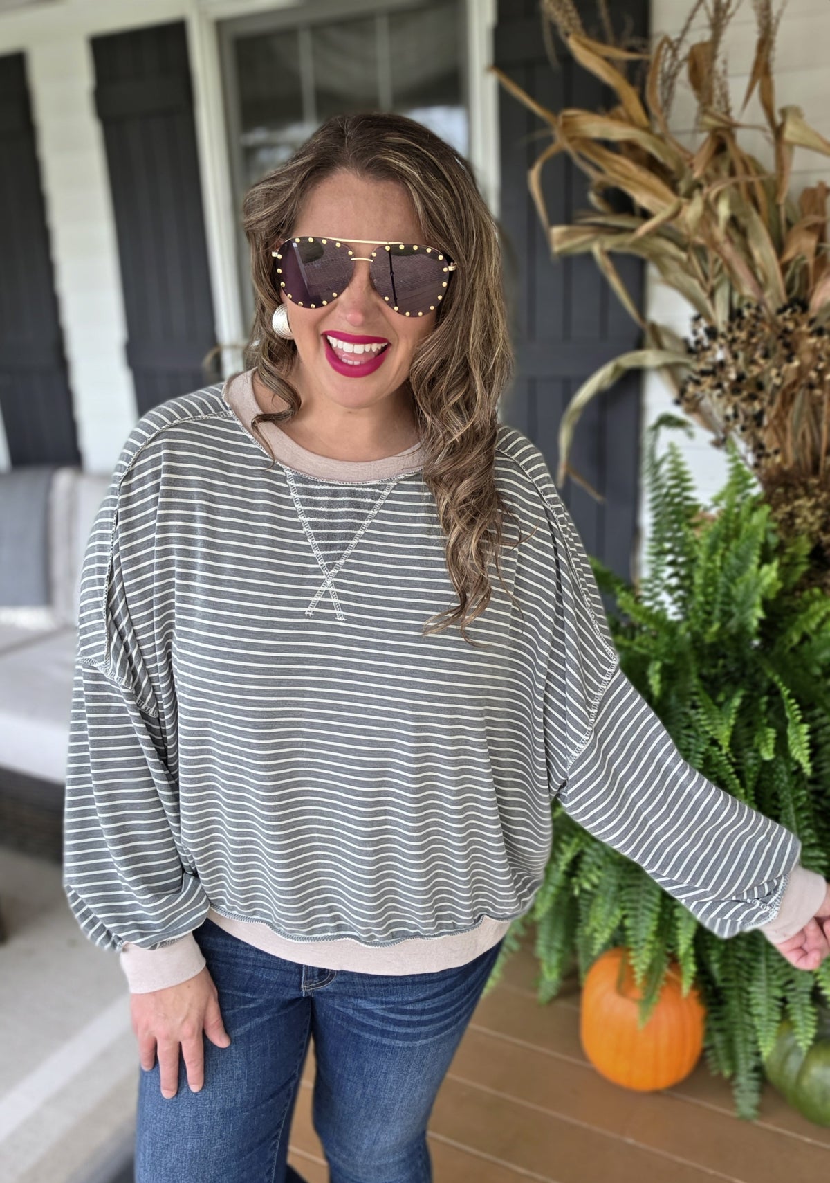 OLIVE STRIPED LOOSE FIT DROP SHOULDER TOP