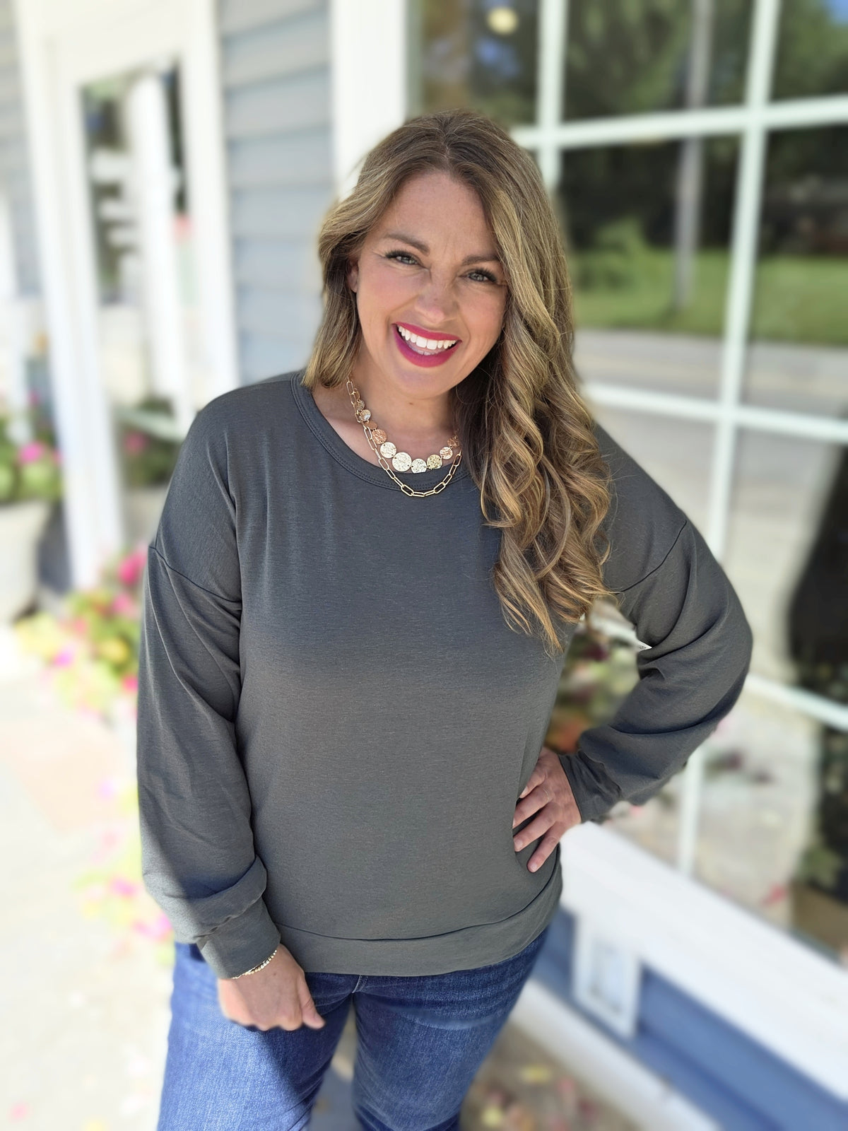 HUNTER GREEN FRENCH TERRY LONG SLEEVE TOP