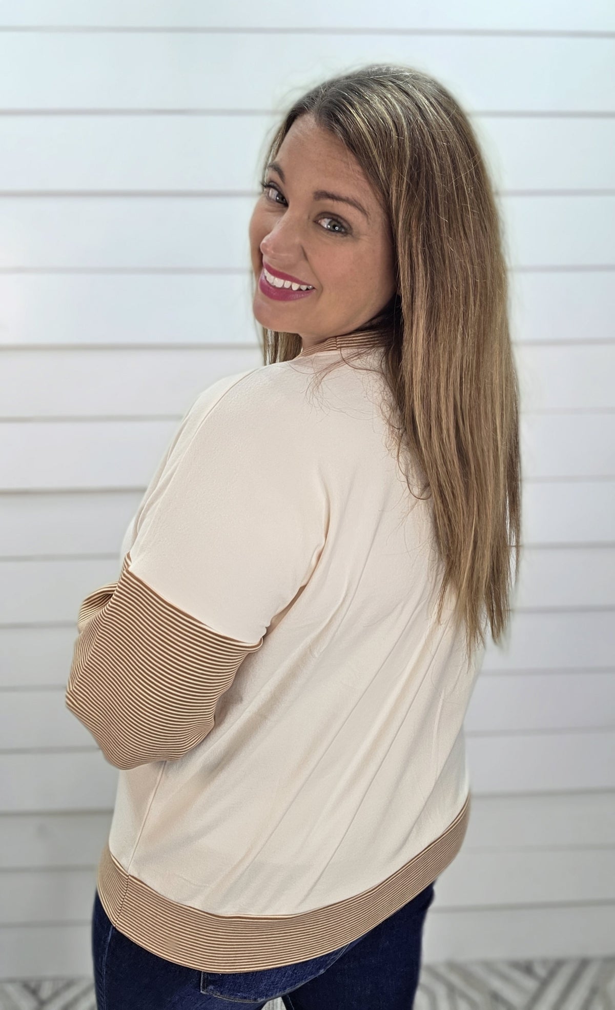 CAMEL Crew Neck, Long Sleeve, Stripe Contrasted, Micro brushed knit top