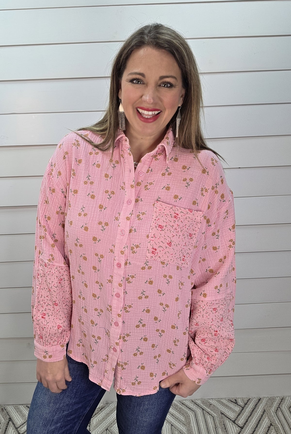 PINK FLORAL CONTRAST COTTON GAUZE BUTTON UP TOP