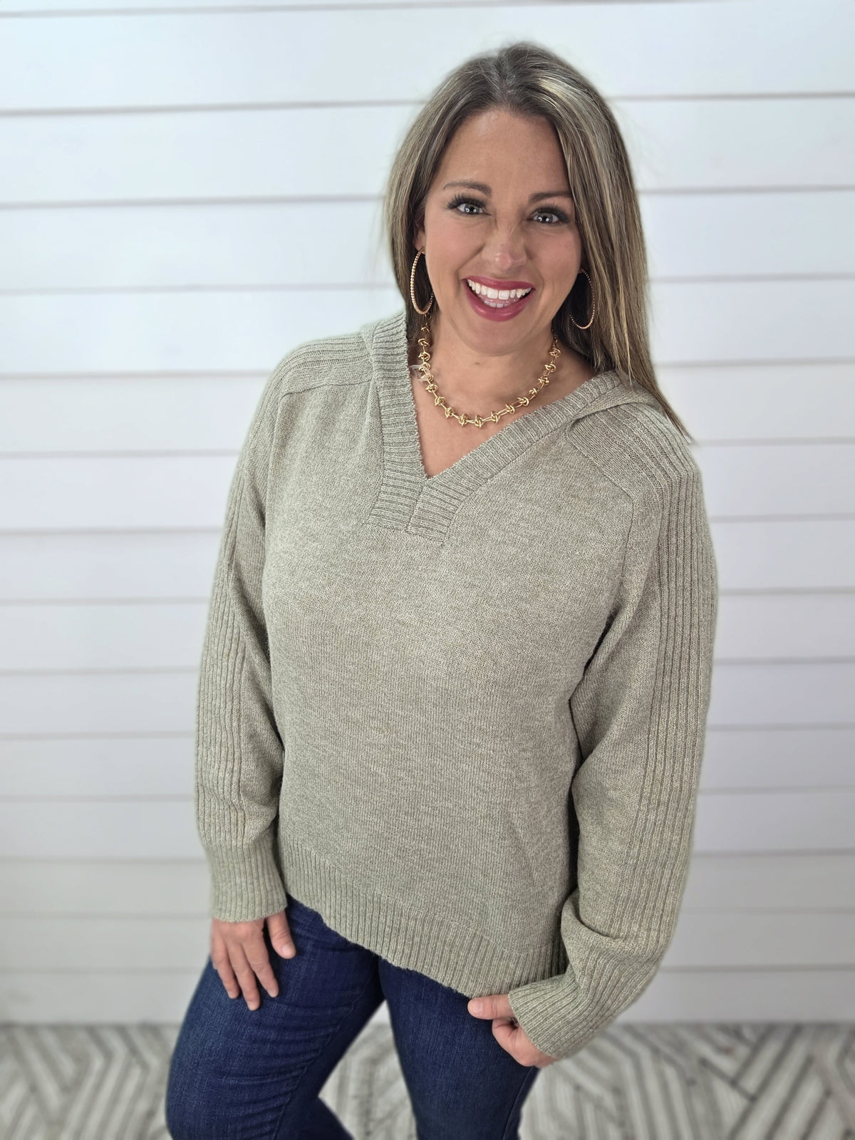 LT OLIVE KNIT RIBBED ACCENT HOODED SWEATER PULLOVER