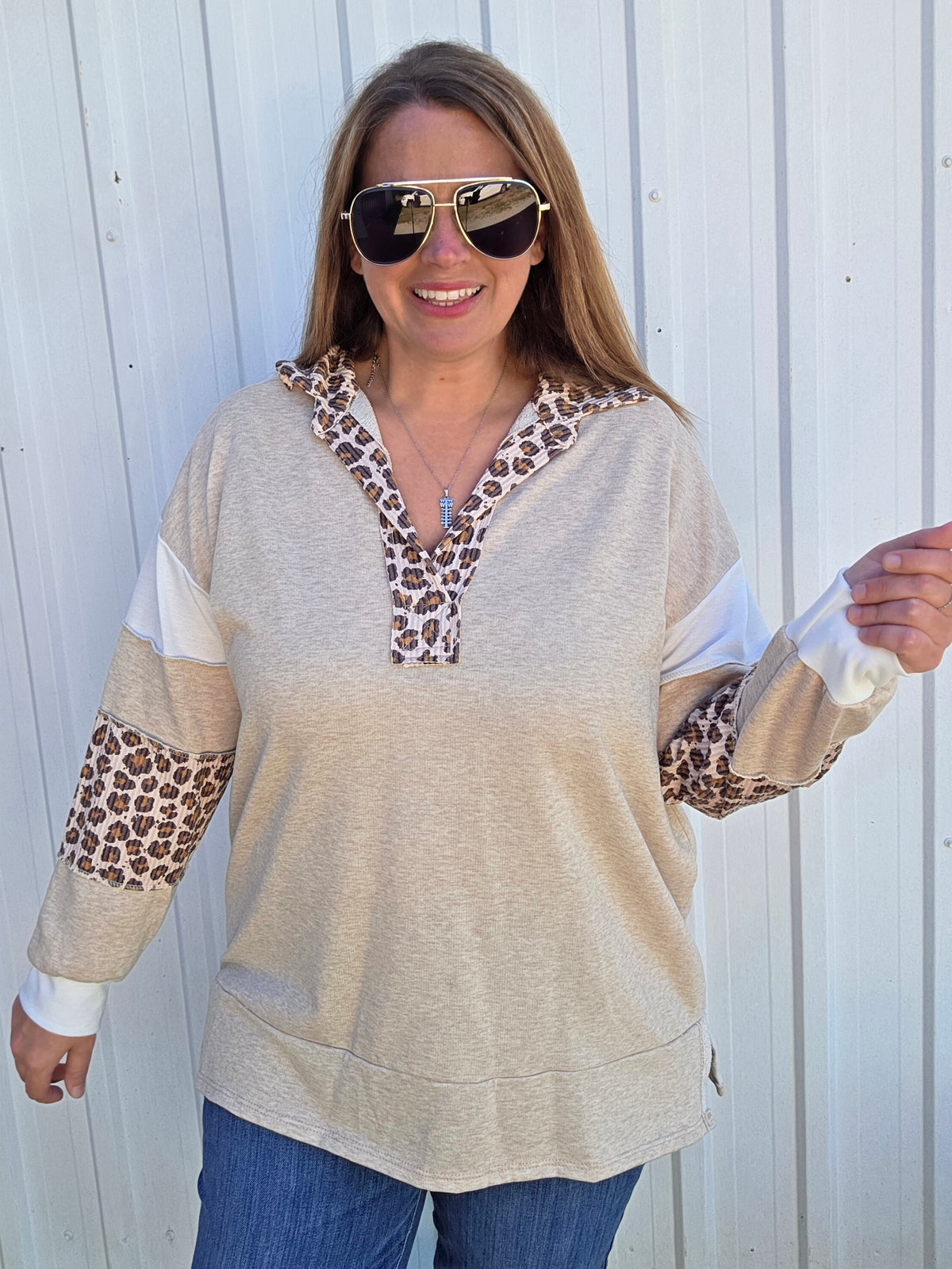 TAUPE OATMEAL/Animal Print Long Sleeves FRENCH TERRY TOP