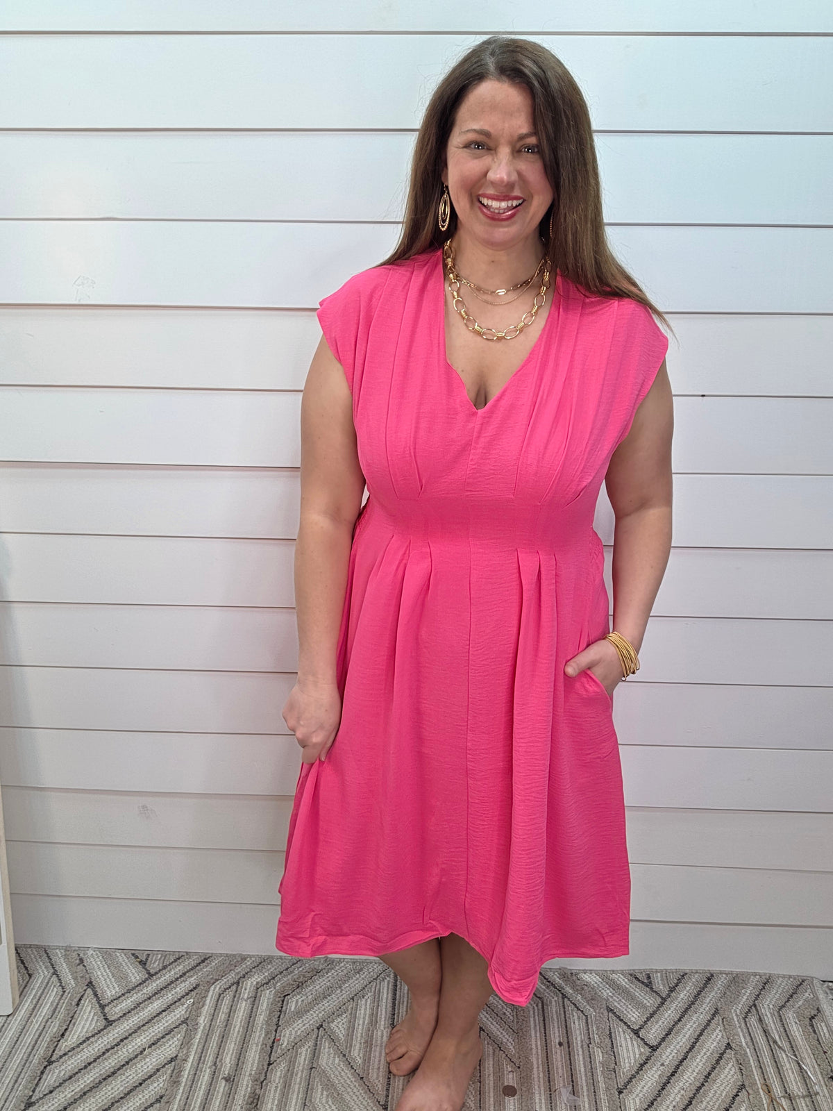 PINK V NECK PLEATED SMOCKED WAISTED CAP SLEEVE DRESS