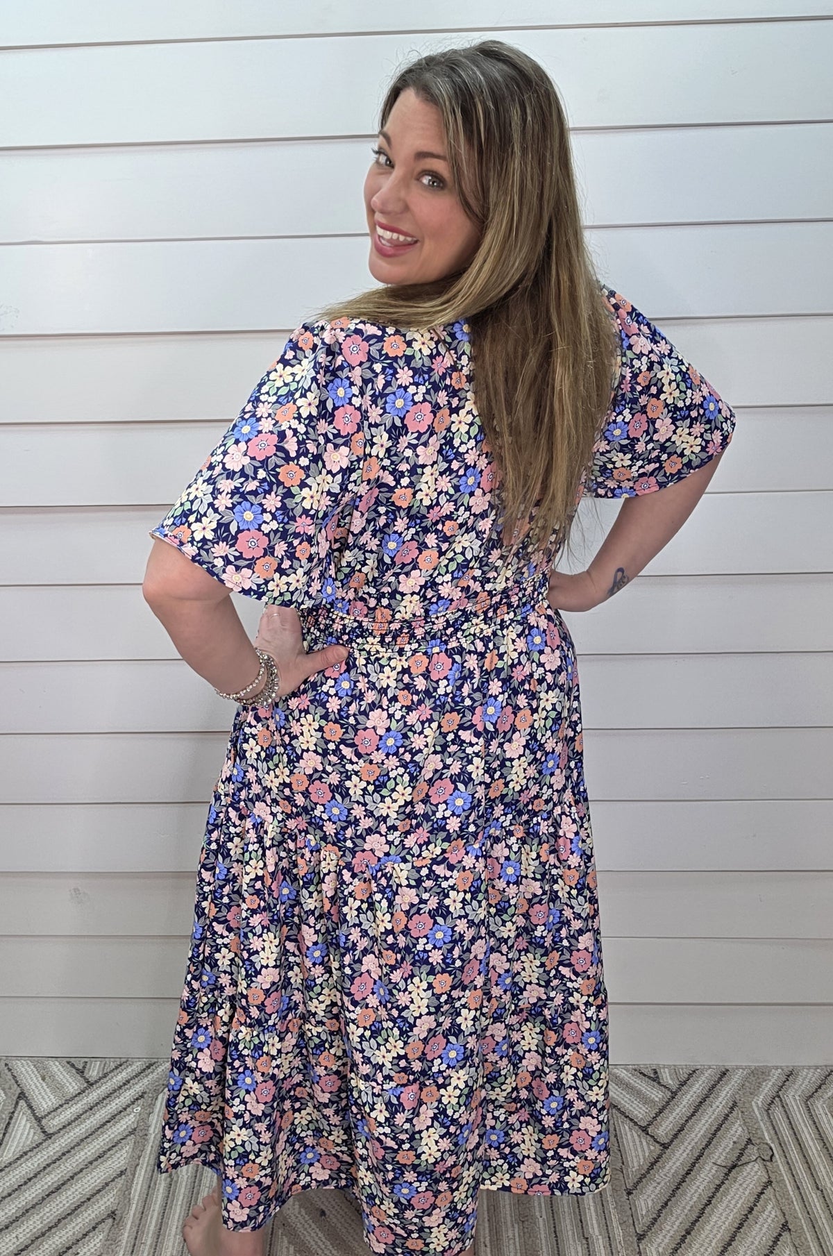 NAVY FLORAL V NECK ELASTIC WAIST LONG DRESS