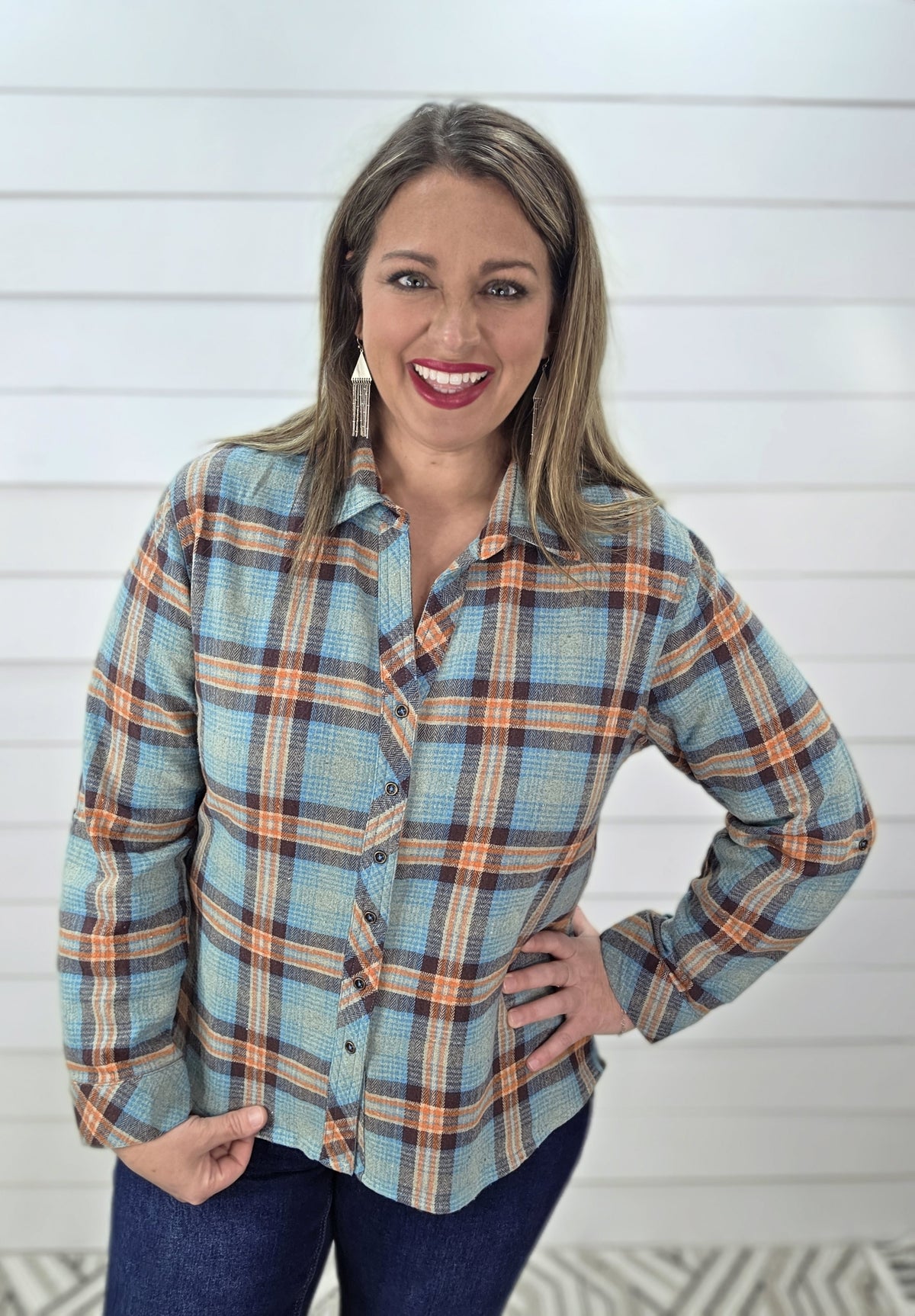 KAREN HART TEAL HIGH LOW FLANNEL PLAID BUTTON DOWN