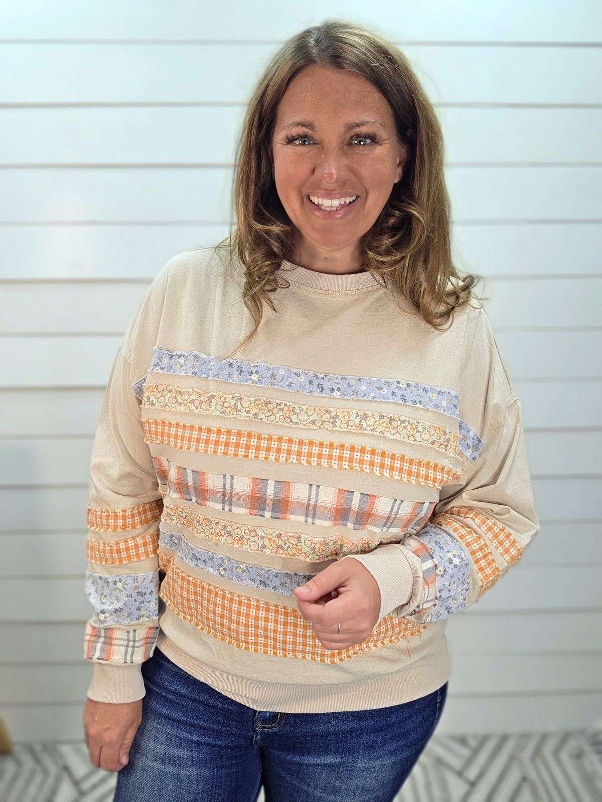KHAKI MINERAL PATCHWORK COTTON TOP