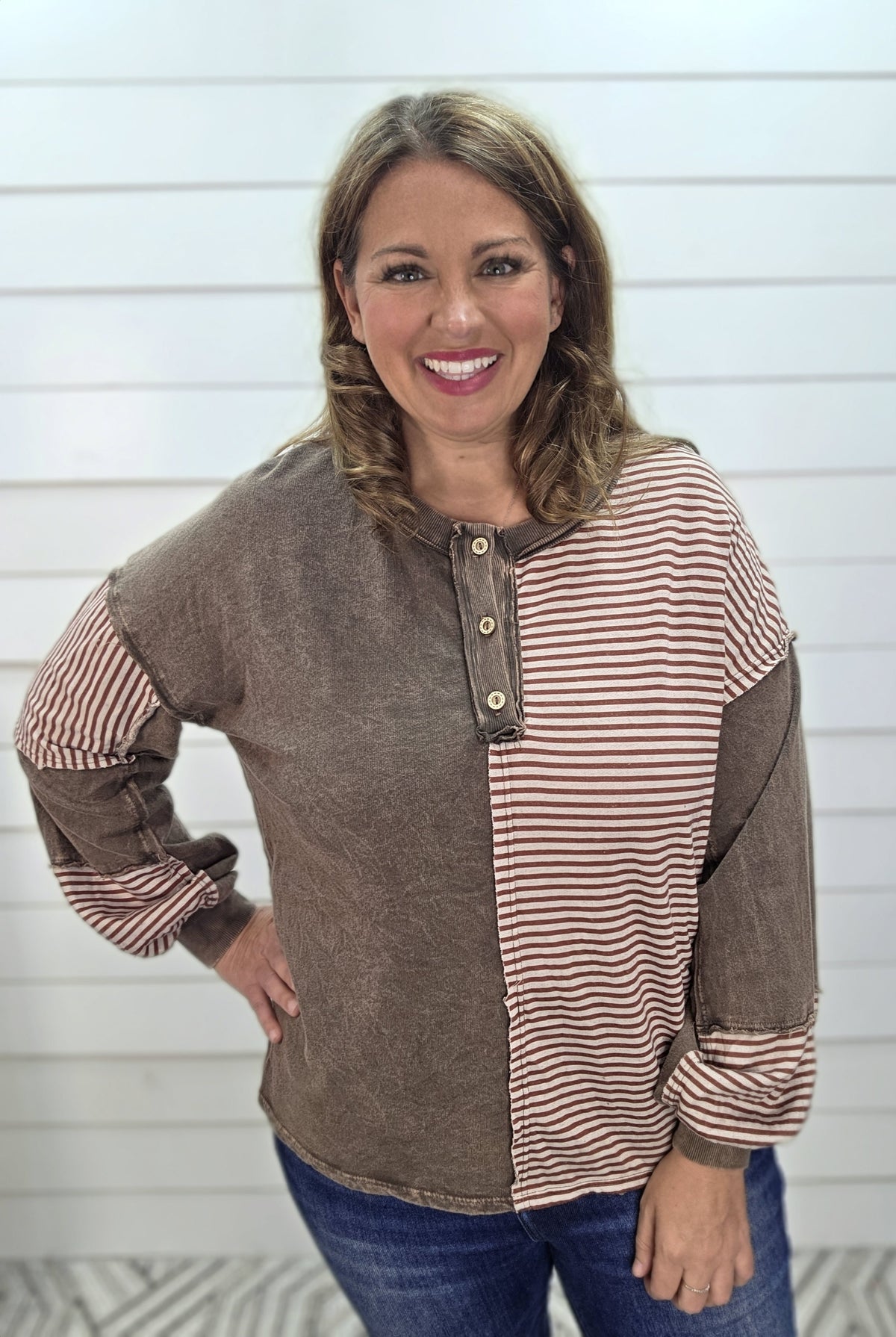 ASH OAK Mineral Washed Striped Contrast Henley Knit Top