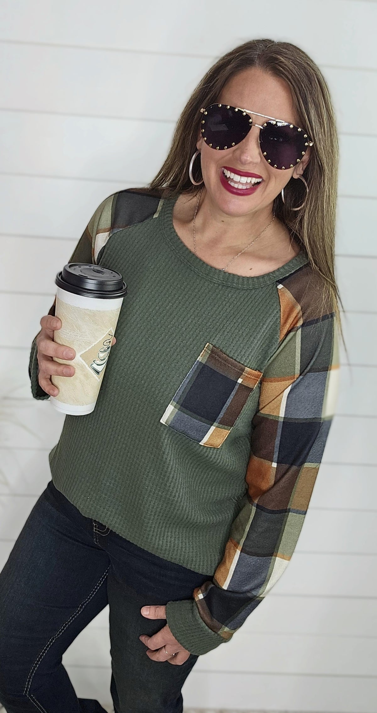 OLIVE BRUSHED WAFFLE PLAID CONTRAST TOP