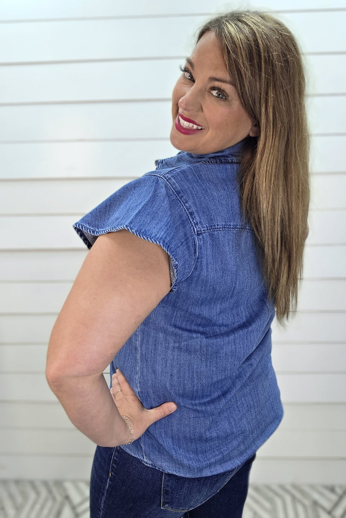 DENIM SHORT SLEEVE BUTTON DOWN RUFFLE SLEEVE TOP