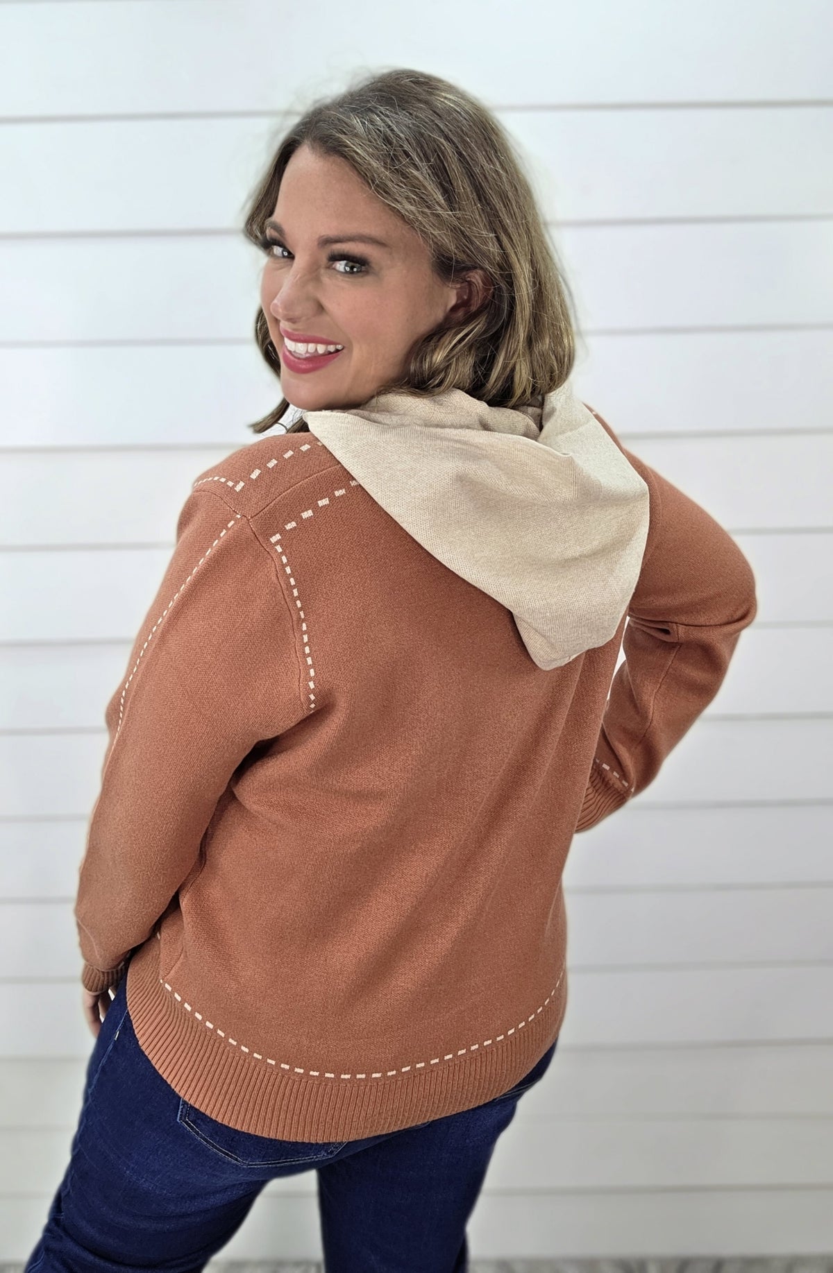 COPPER REMOVEABLE HOOD STITCH ACCENT FULL ZIP SWEATER