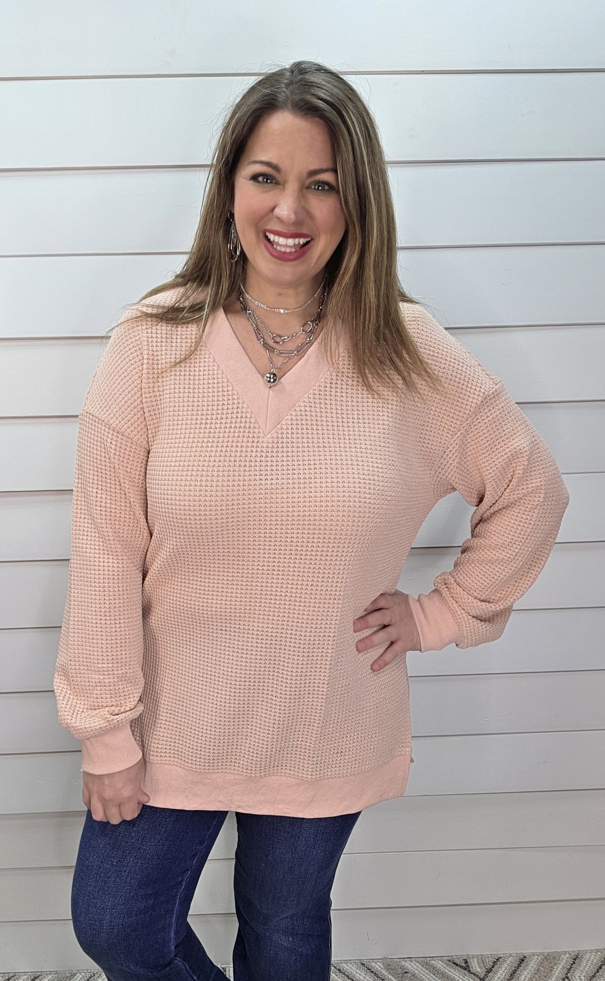PINK WAFFLE TEXTURED LONG SLEEVE V NECK TOP