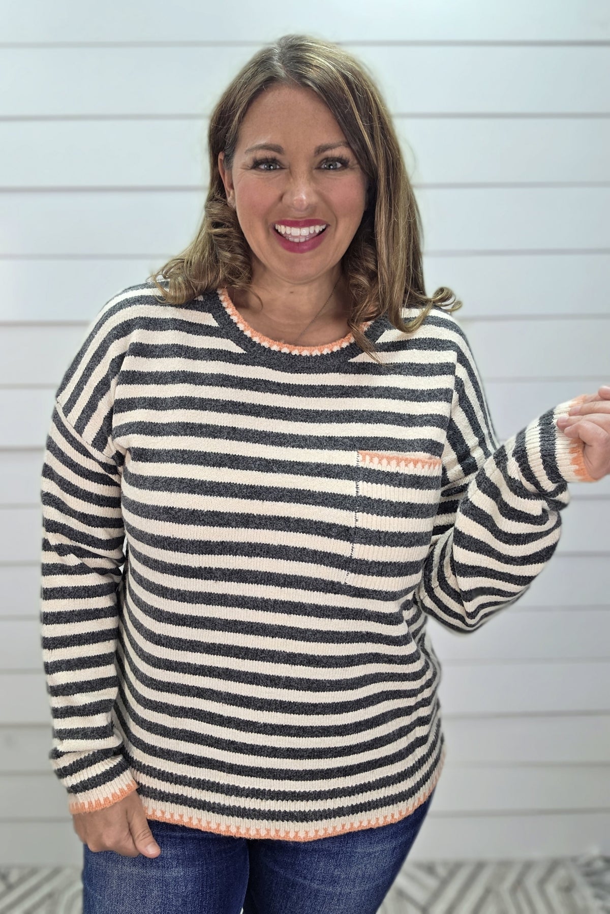 GUN METAL Pop Color Blanket Stitch Finished Chest Pocket Long Sleeve Striped Sweater