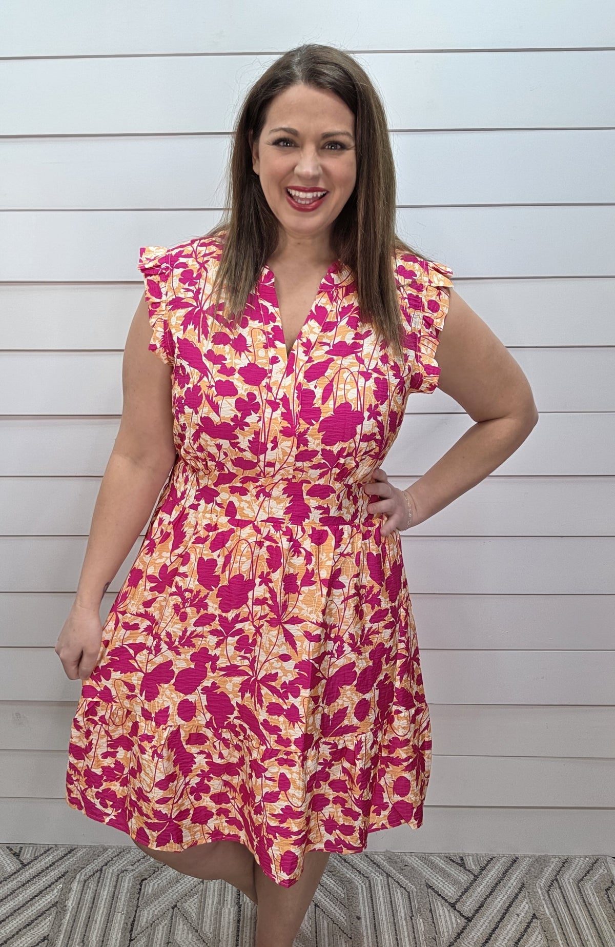 FUCHSIA/PEACH FLORAL ELASTIC SMOCKED WAIST DRESS