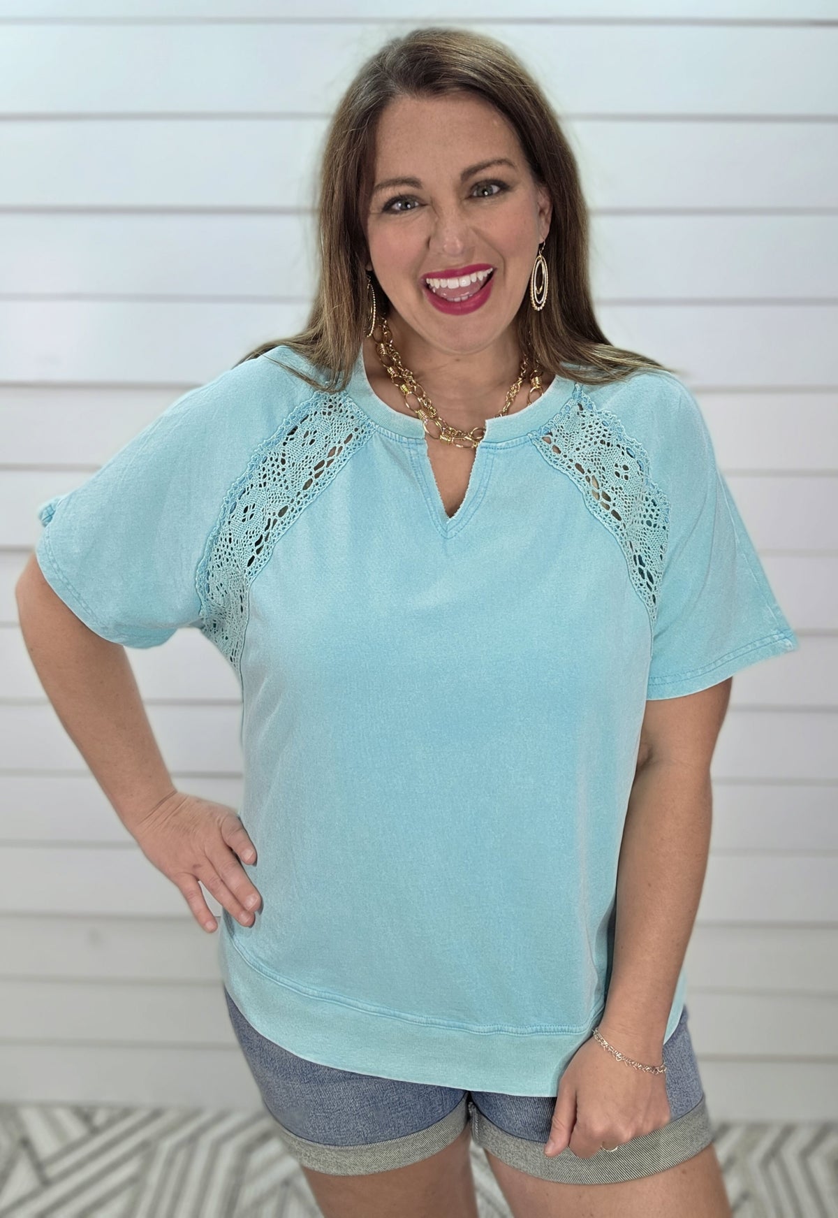 MINT MINERAL WASH LACE TRIM KNIT TOP
