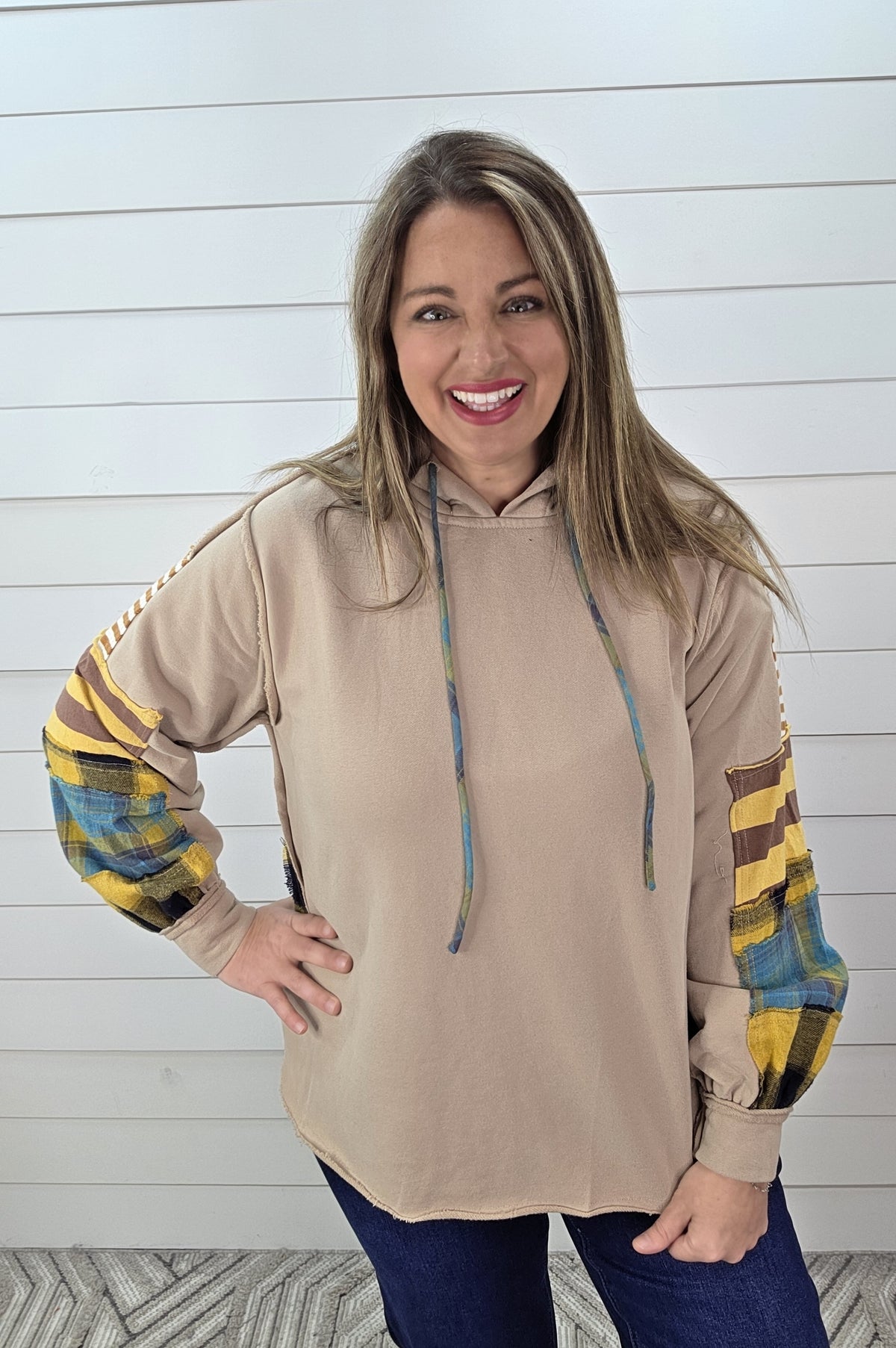 KHAKI FRENCH TERRY PLAID MIX CONTRAST OVERSIZED HOODIE