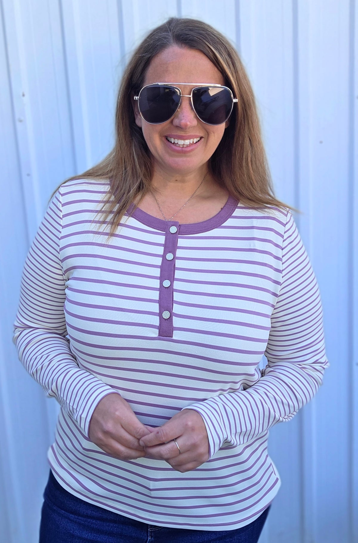 Ivory/Lavender Color Contrasted Button Henley, Long Sleeve, Stripe Knit Top