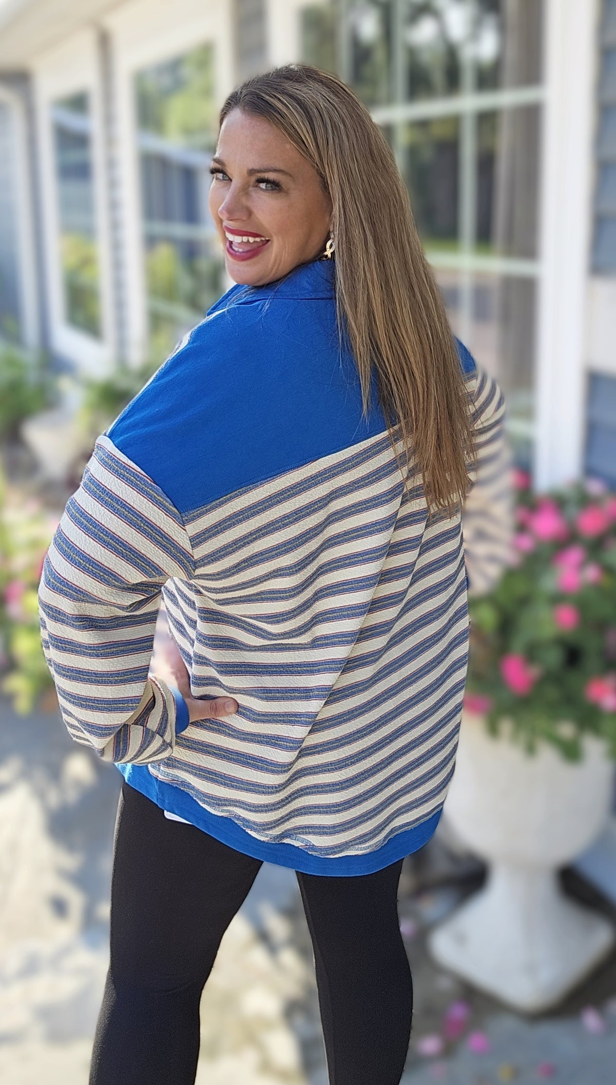 BLUE STRIPED V NECK COLLARED TOP