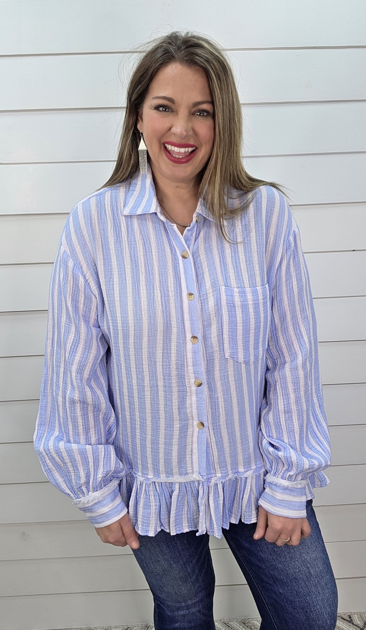 SKY BLUE STRIPED OVERSIZED COTTON GAUZE BUTTON DOWN TOP W/ RUFFLE