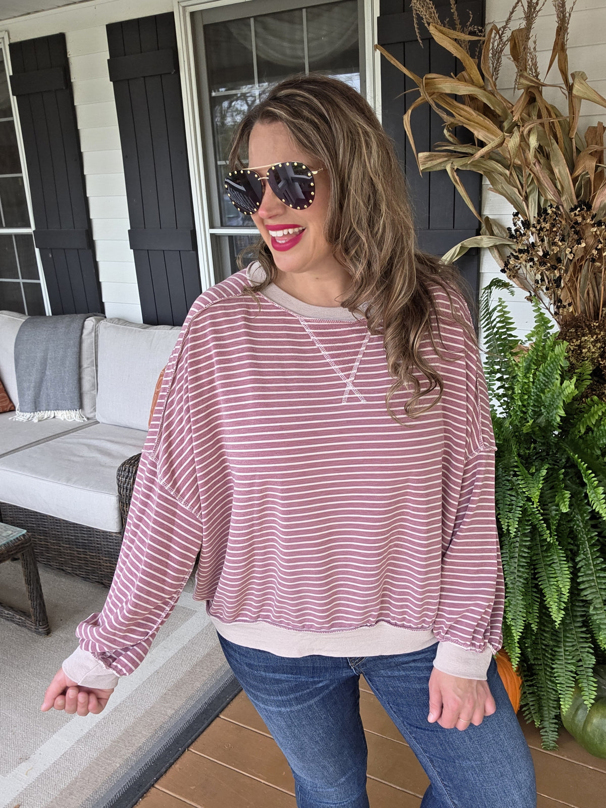 ROSE MAUVE STRIPED DROP SHOULDER LOOSE FIT TOP