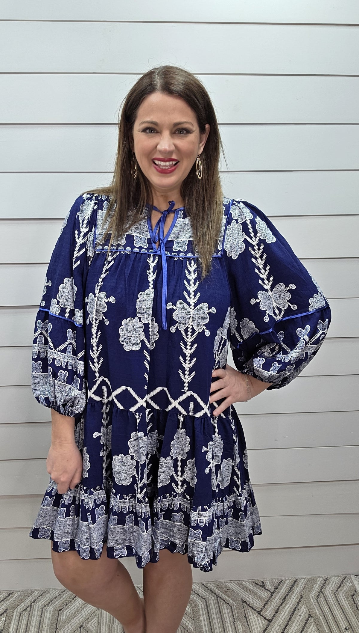 NAVY FLORAL 3/4 SLEEVE DRESS