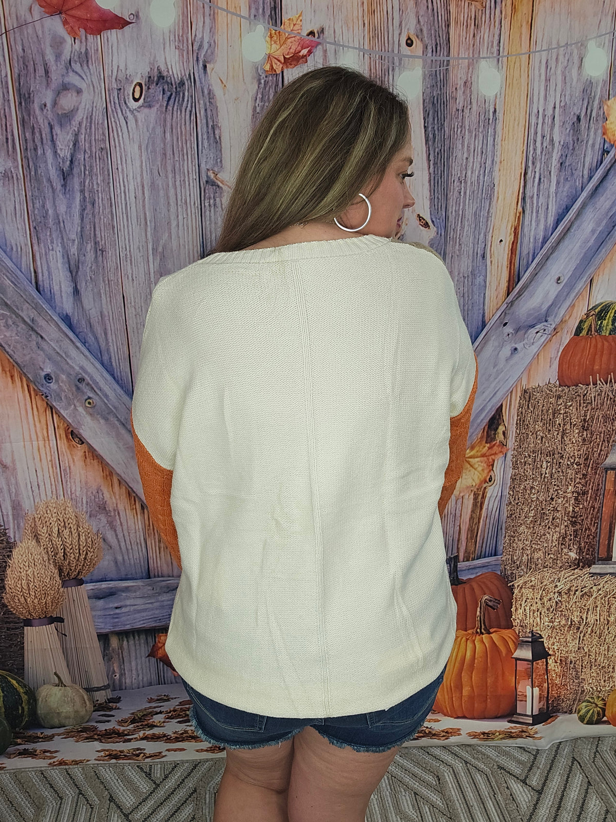 ORANGE FLAME COLORBLOCK PATCHED POCKET DROP SHOULDER SWEATER