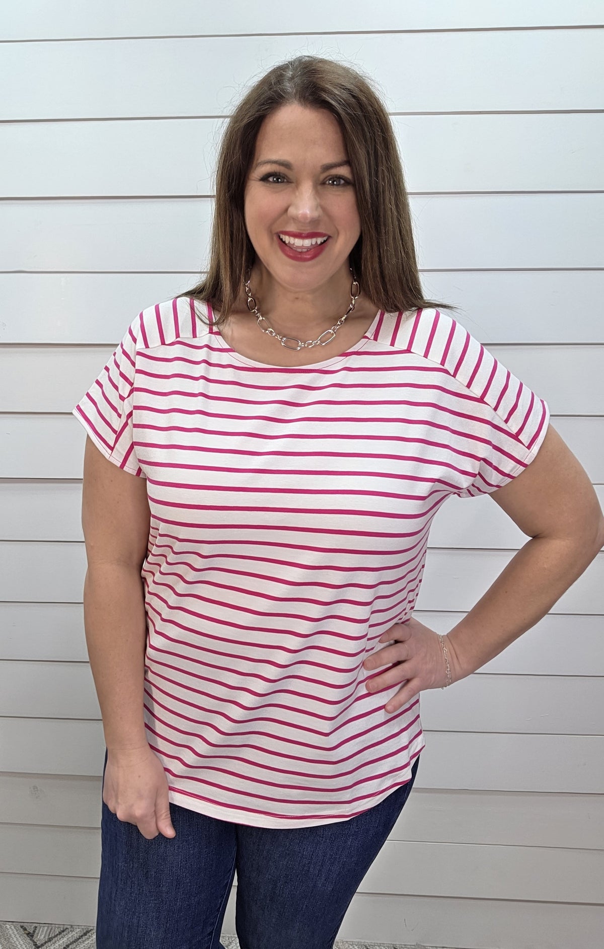 FUCHSIA/WHITE STRIPED BOAT NECK KNIT TOP