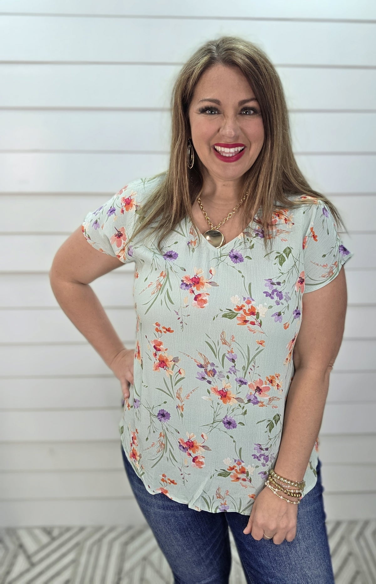 MINT FLORAL V NECK WOVEN TOP