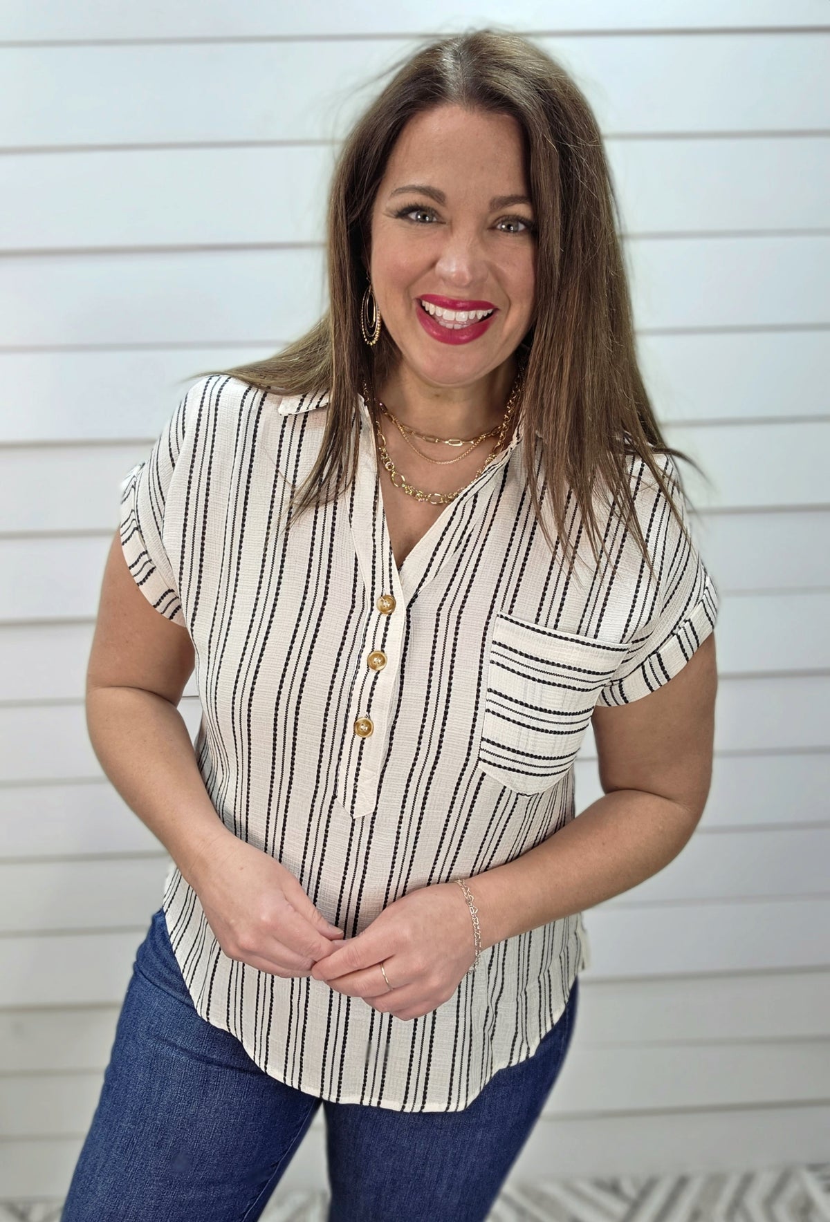 CREAM/BLACK STRIPED BUTTON NECKLINE STRIPED WOVEN TOP