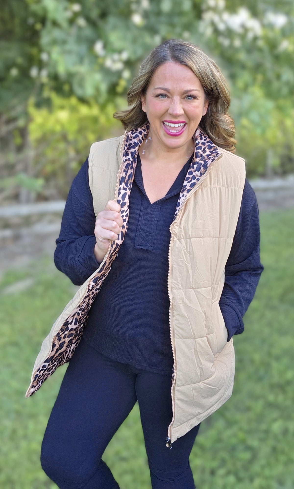 KHAKI AND LEOPARD REVERSIBLE ZIP UP VEST