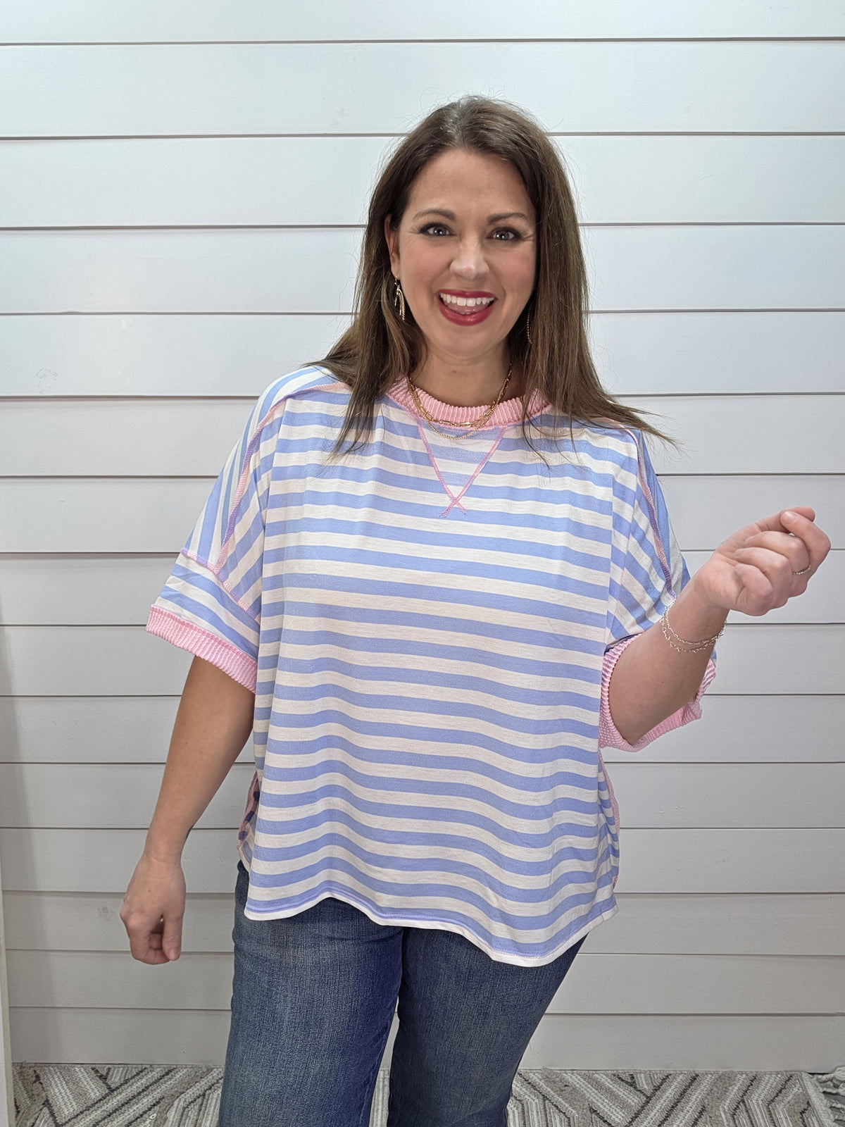 BLUE/CREAM STRIPED OVERSIZED KNIT TOP W/ PINK RAISED RIBBED TRIM