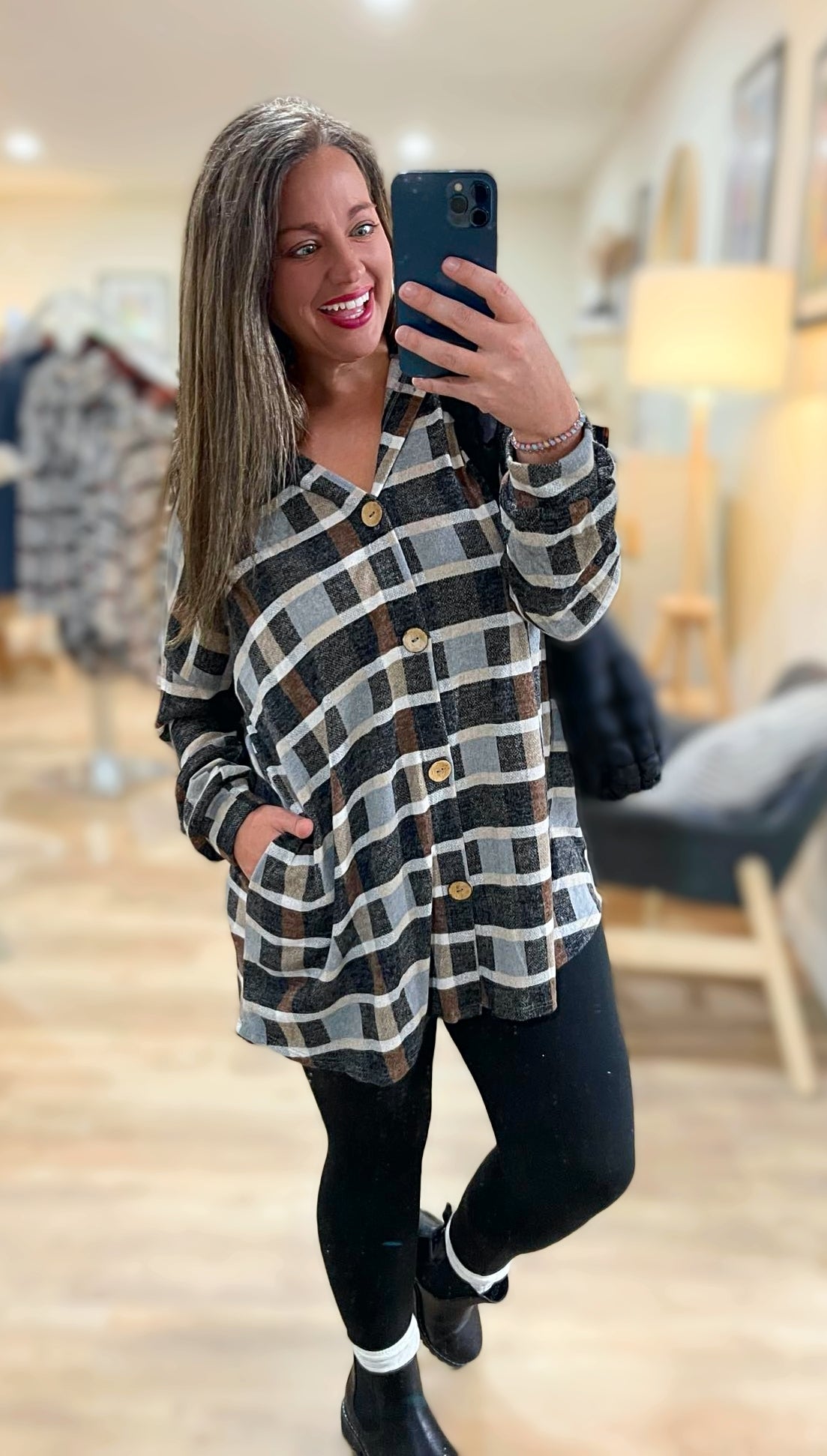 MOCHA PLAID BUTTON DOWN HOODED TUNIC