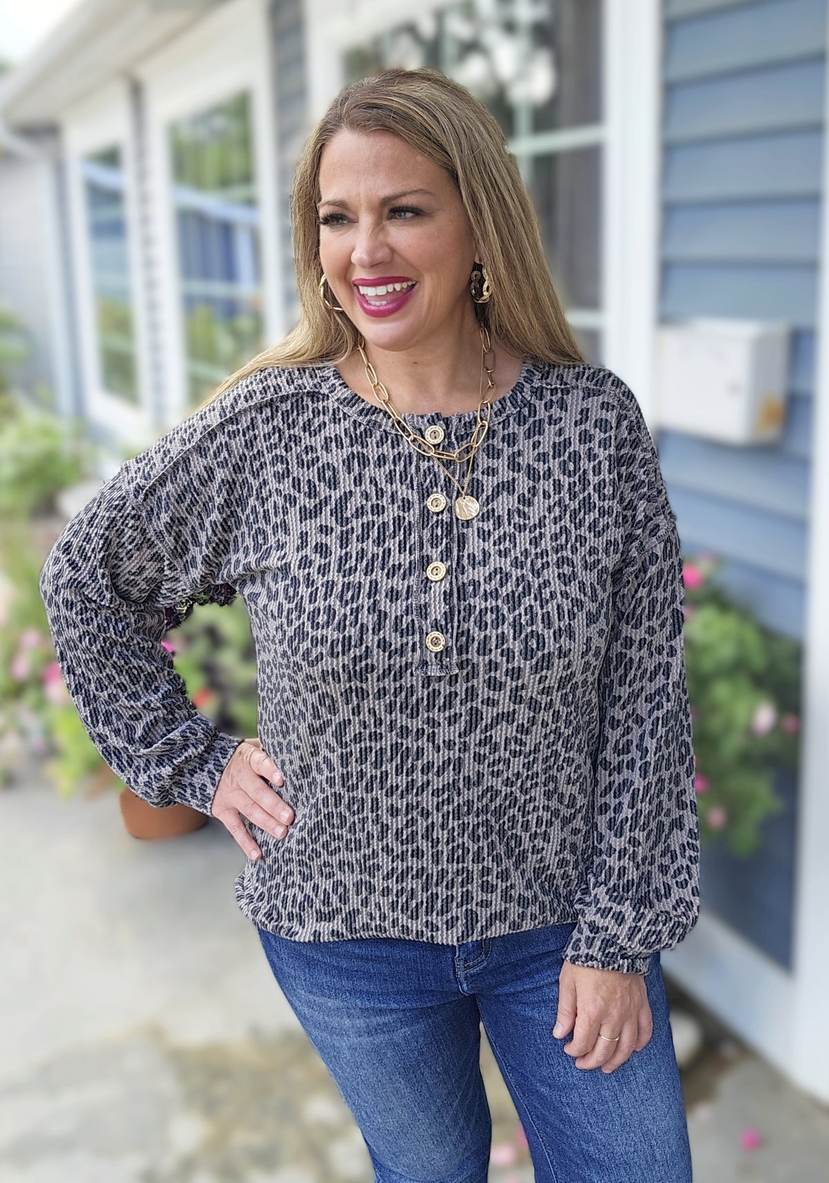 COCO ANIMAL HENLEY RAISED RIBBED LONG SLEEVE KNIT TOP