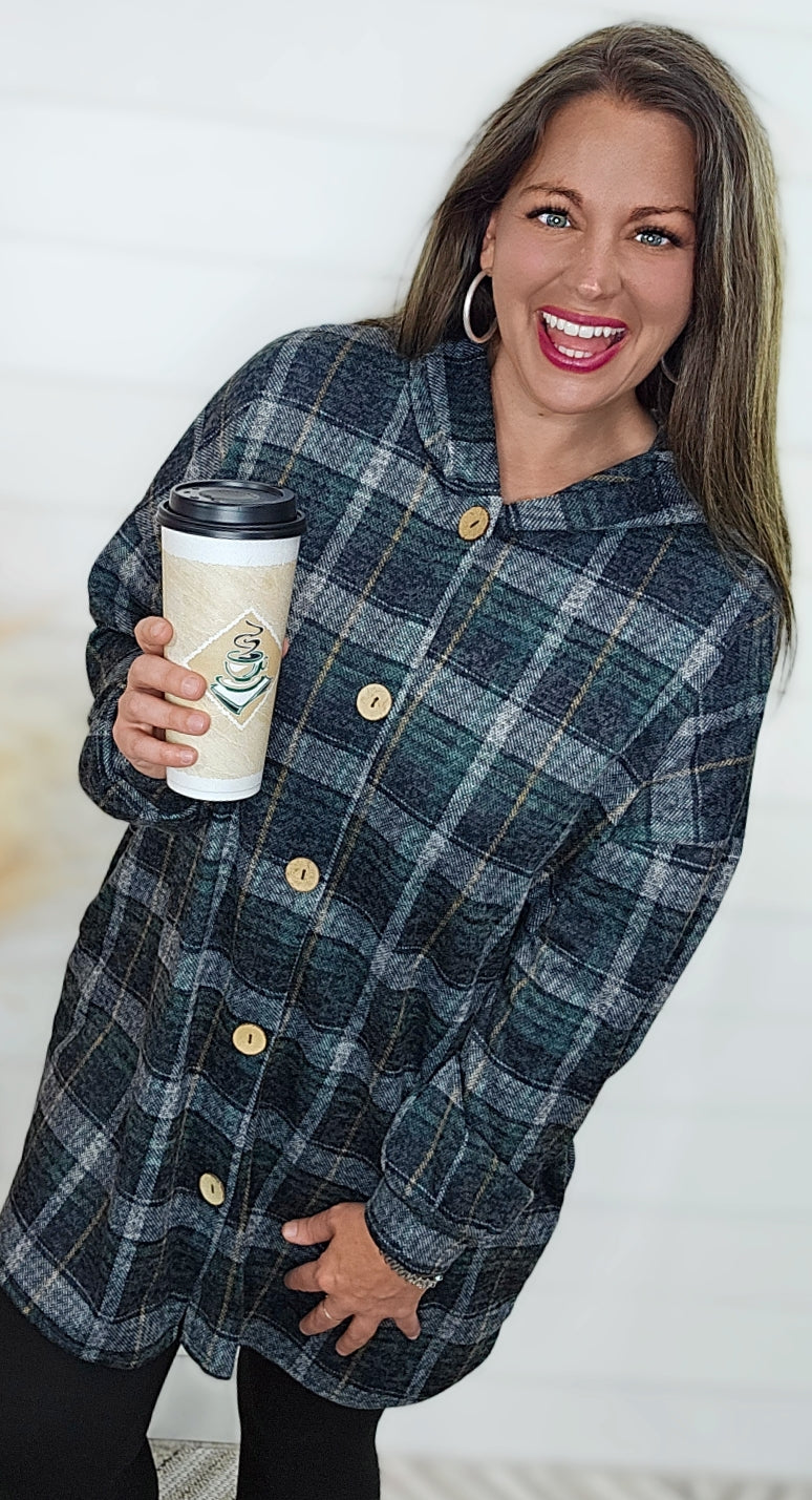 HUNTER GREEN PLAID BUTTON DOWN HOODED TUNIC