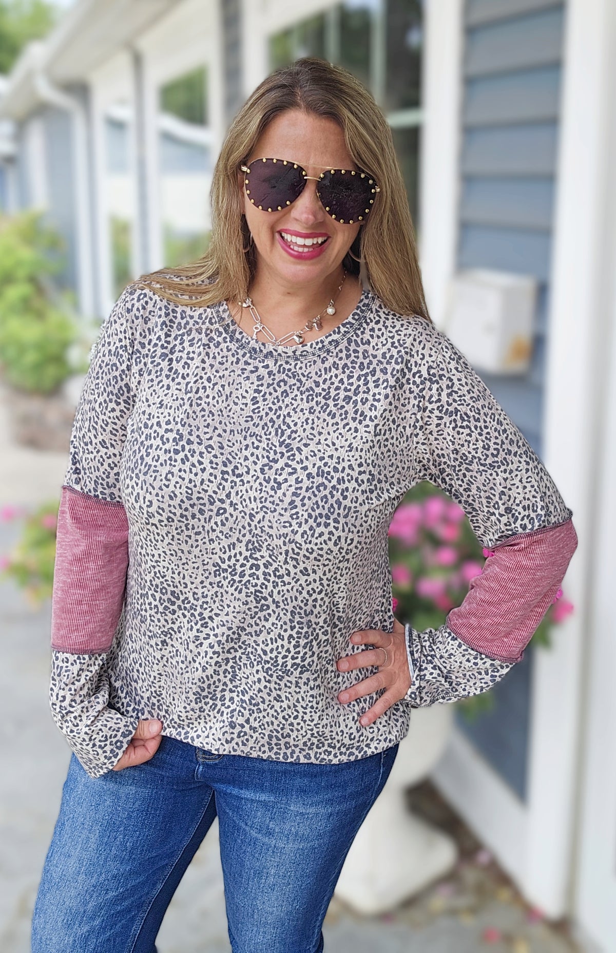 MOCHA ANIMAL PRINT KNIT TOP W/ BUTTON AND RIBBED INSERT LONG SLEEVE