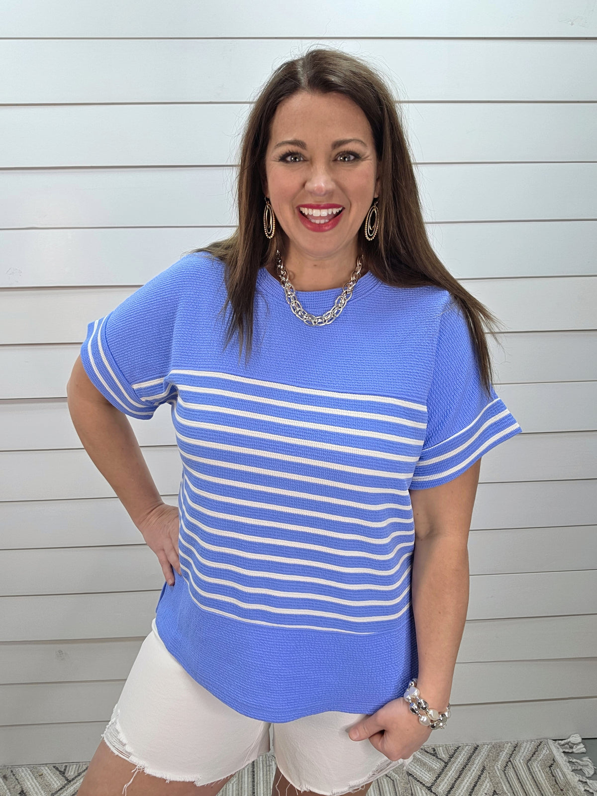BLUE/WHITE STRIPED CLOUD FABRIC KNIT TOP