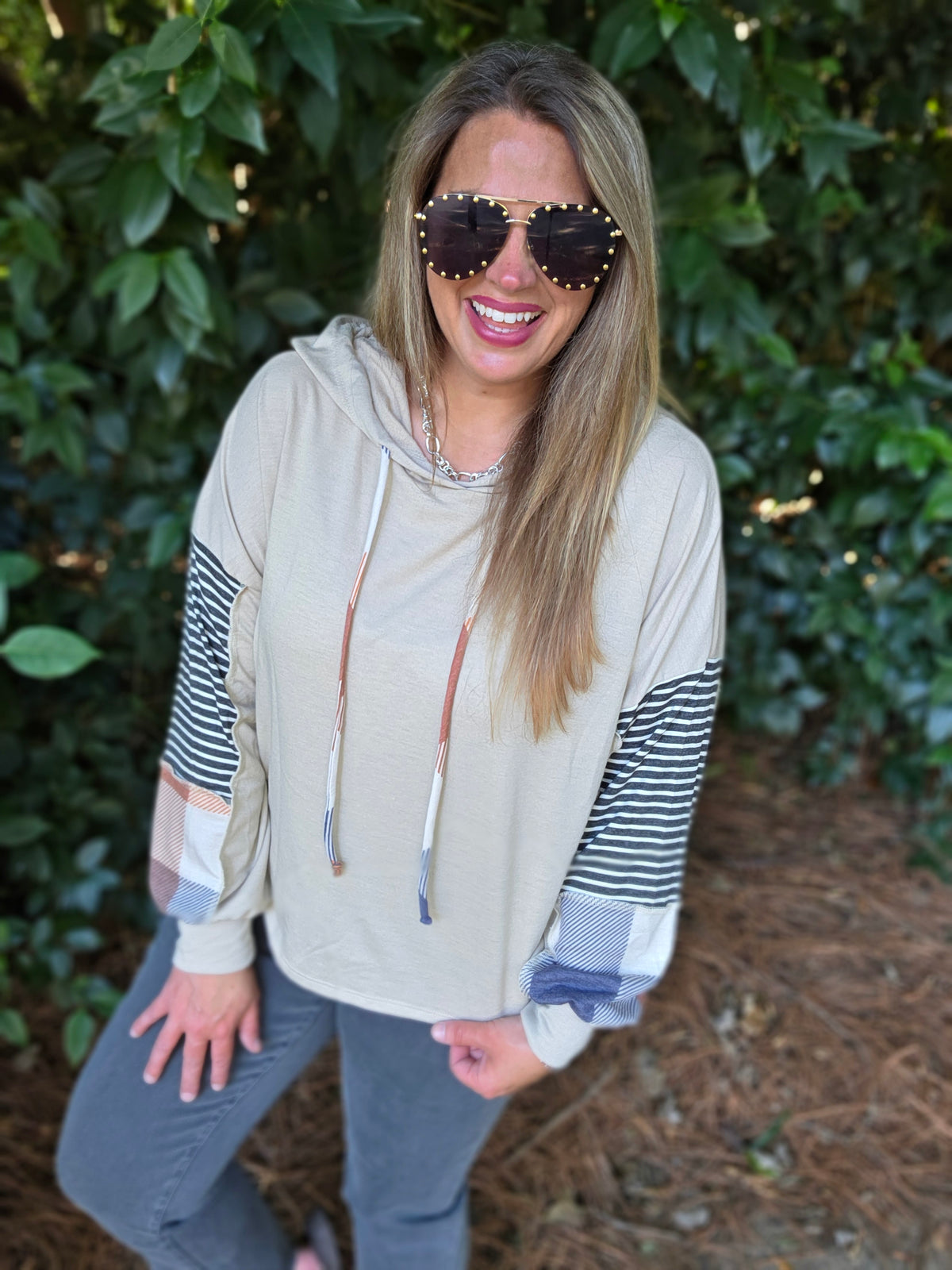 TAUPE/CHARCOAL PLAID CONTRAST LIGHT WEIGHT FRENCH TERRY HOODIE