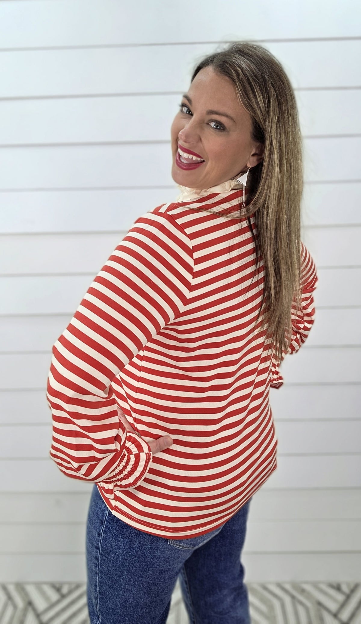 RED STRIPED HIGH NECK RUFFLE COLLAR TOP W/ SMOCKED SLEEVES