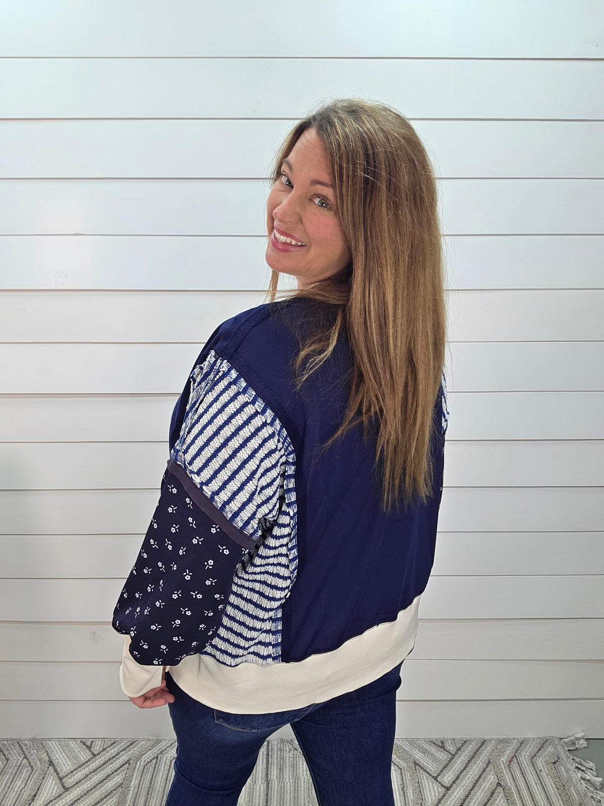 NAVY/STRIPED/FLORAL LOOSE FIT FRENCH TERRY TOP