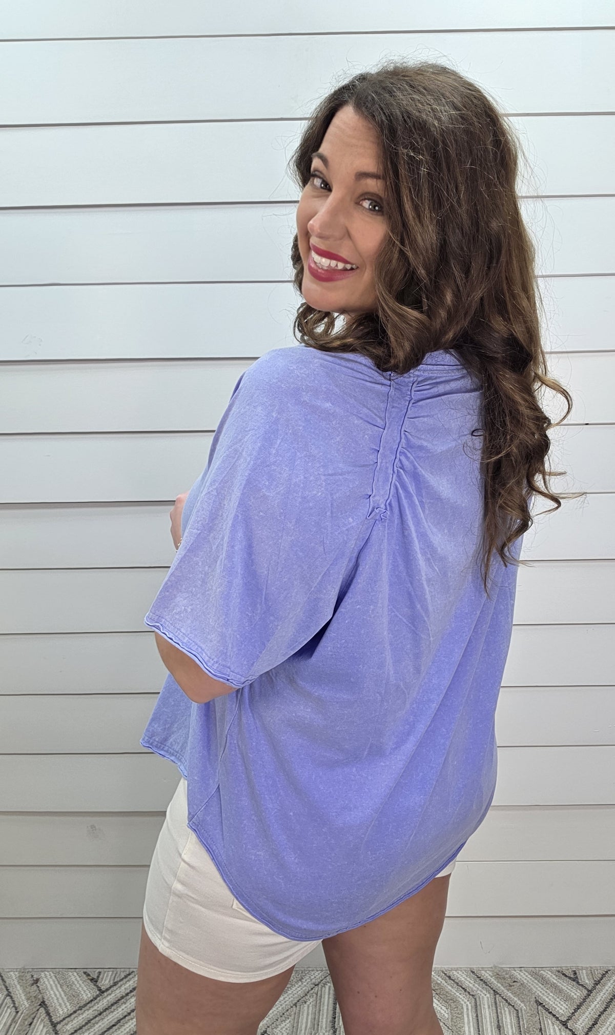 BLUE MINERAL WASH COTTON V NECK BOYFRIEND TOP