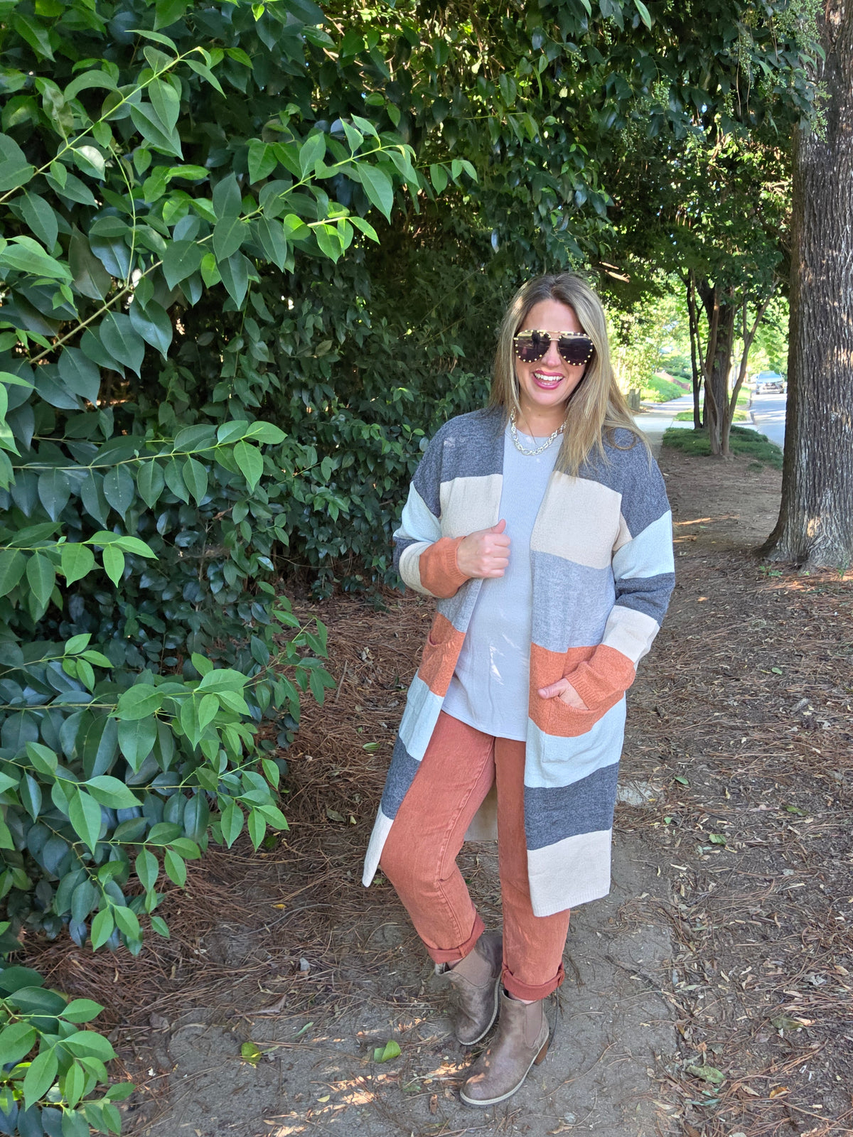 CHARCOAL/RUST MULTI COLORBLOCK LONG CARDGIAN